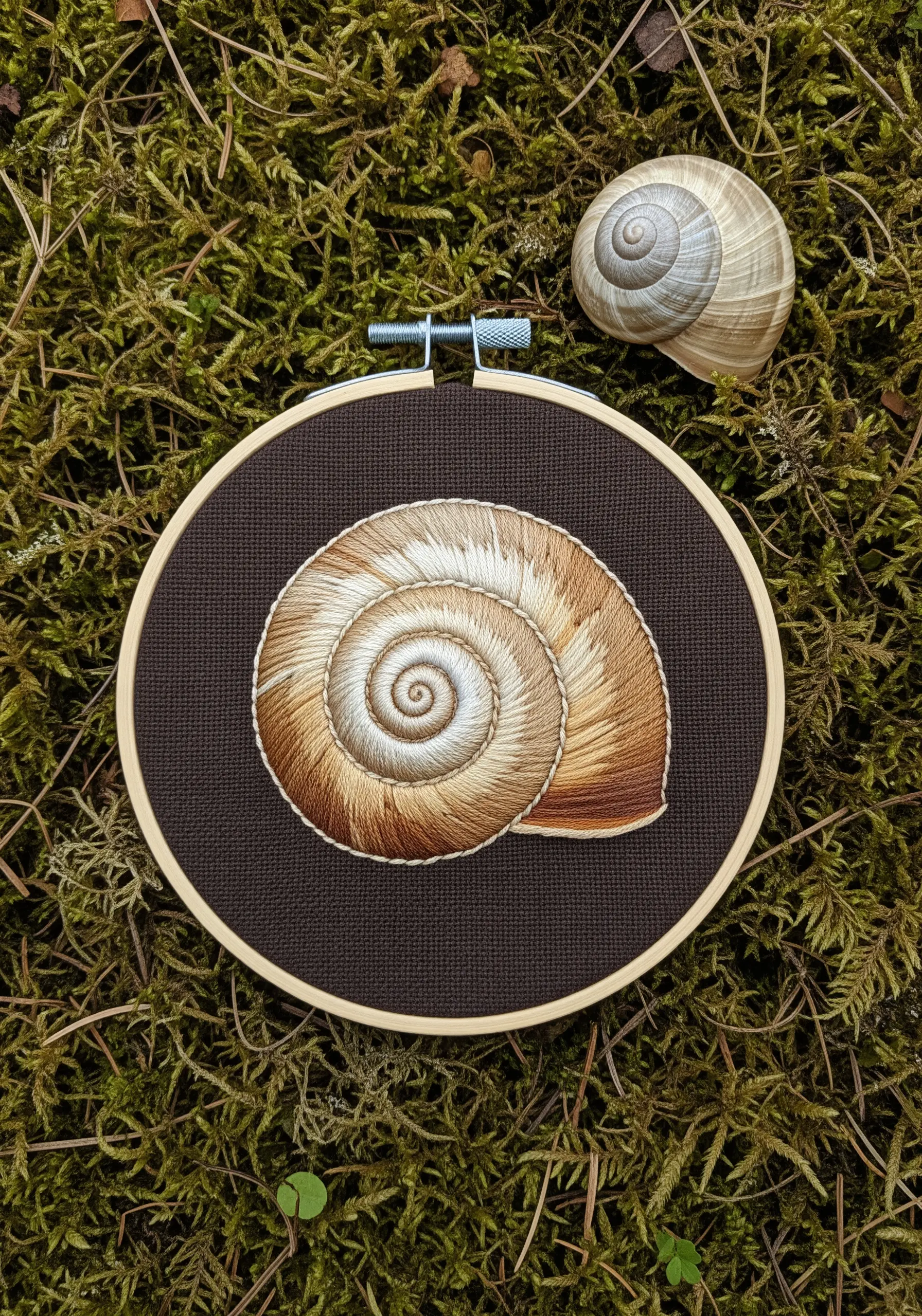 A realistic snail shell embroidered with concentric rows of split stitch in earthy tones.