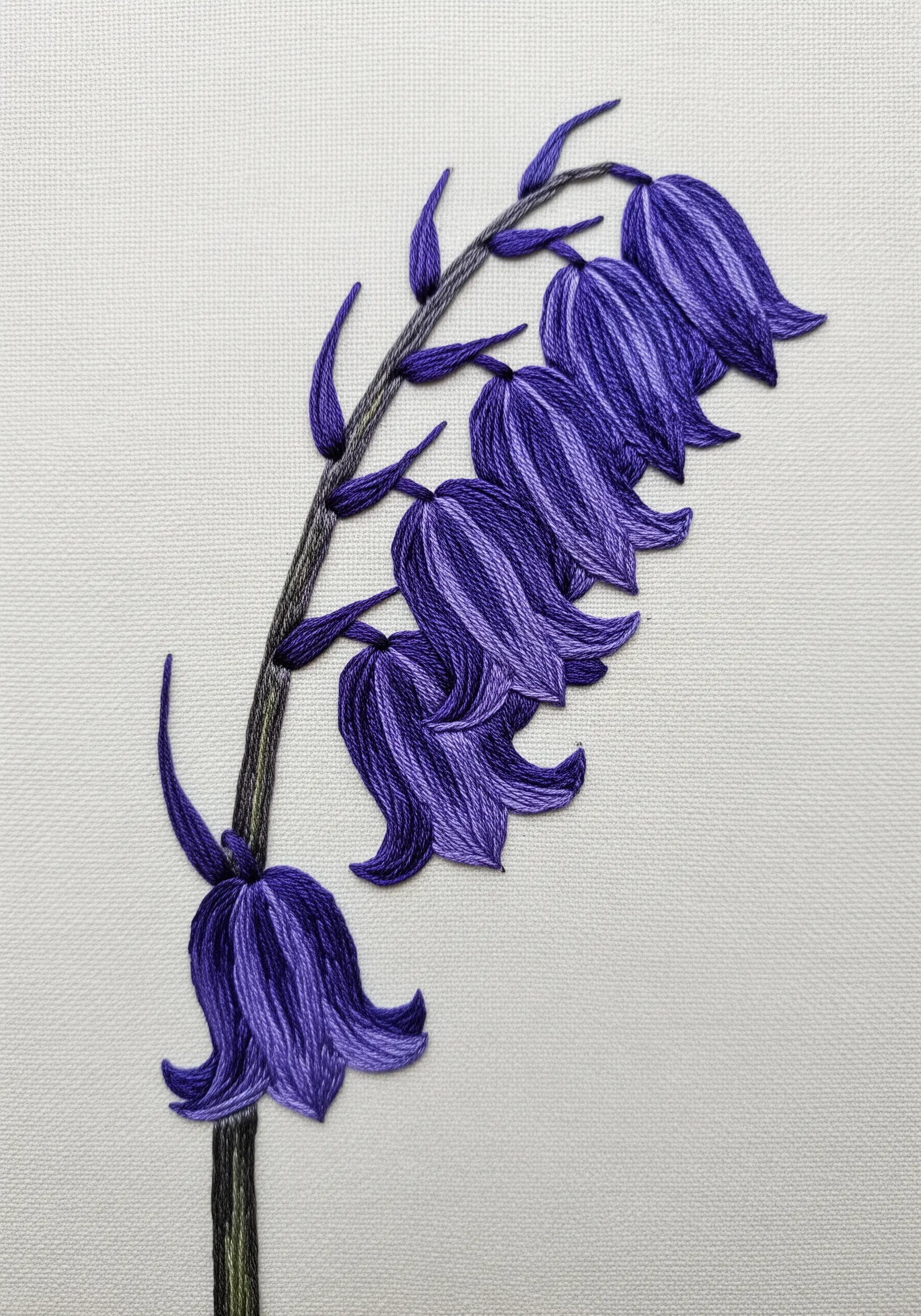 Purple bluebell flower embroidery showing drooping stems and bell shapes