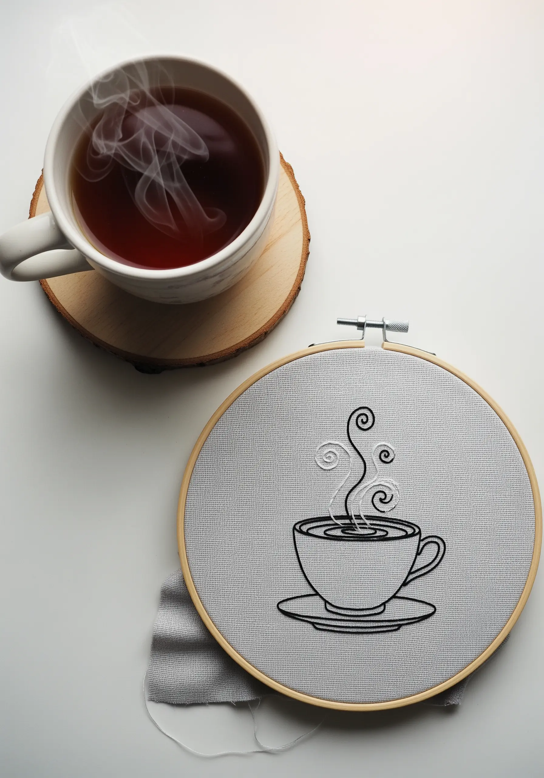 A line art embroidery of a coffee cup with steam rising, stitched in black and white.