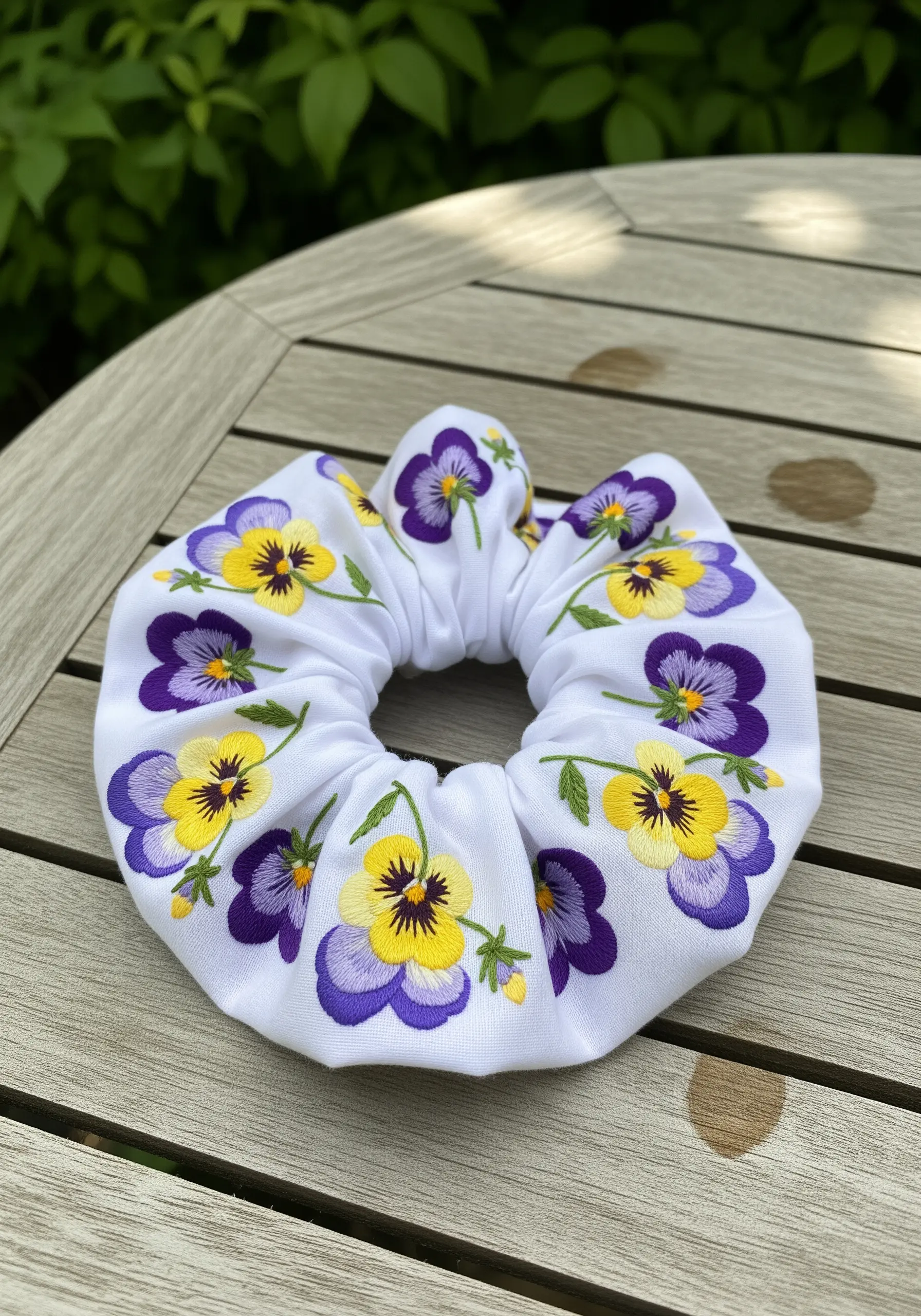 Purple and yellow pansy embroidery on white scrunchie