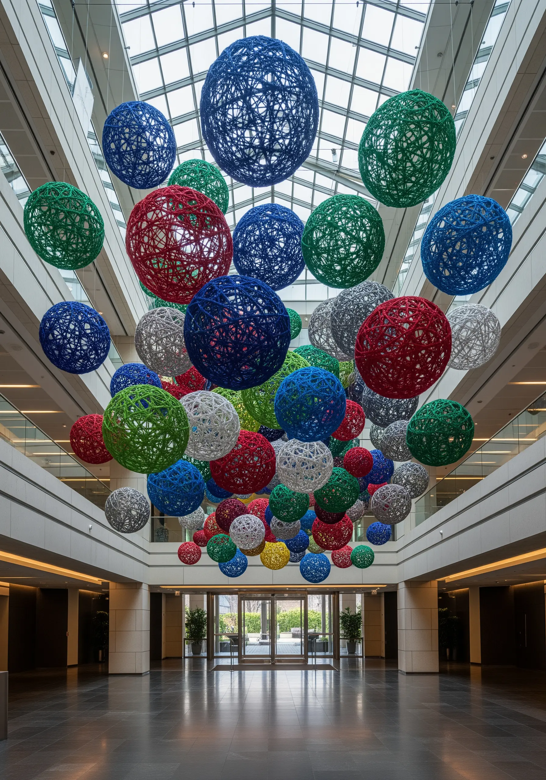 Colorful thread-wrapped spheres of various sizes hanging from a modern atrium.