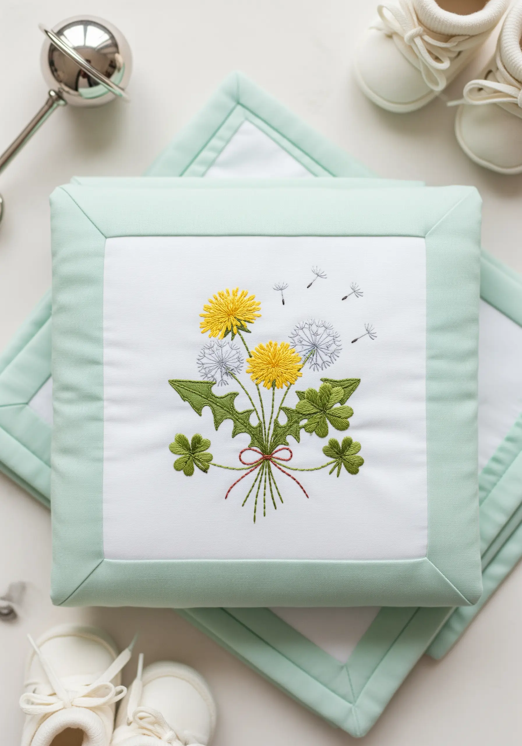 A baby blanket with an embroidered bouquet of dandelions and fluffy seed heads.