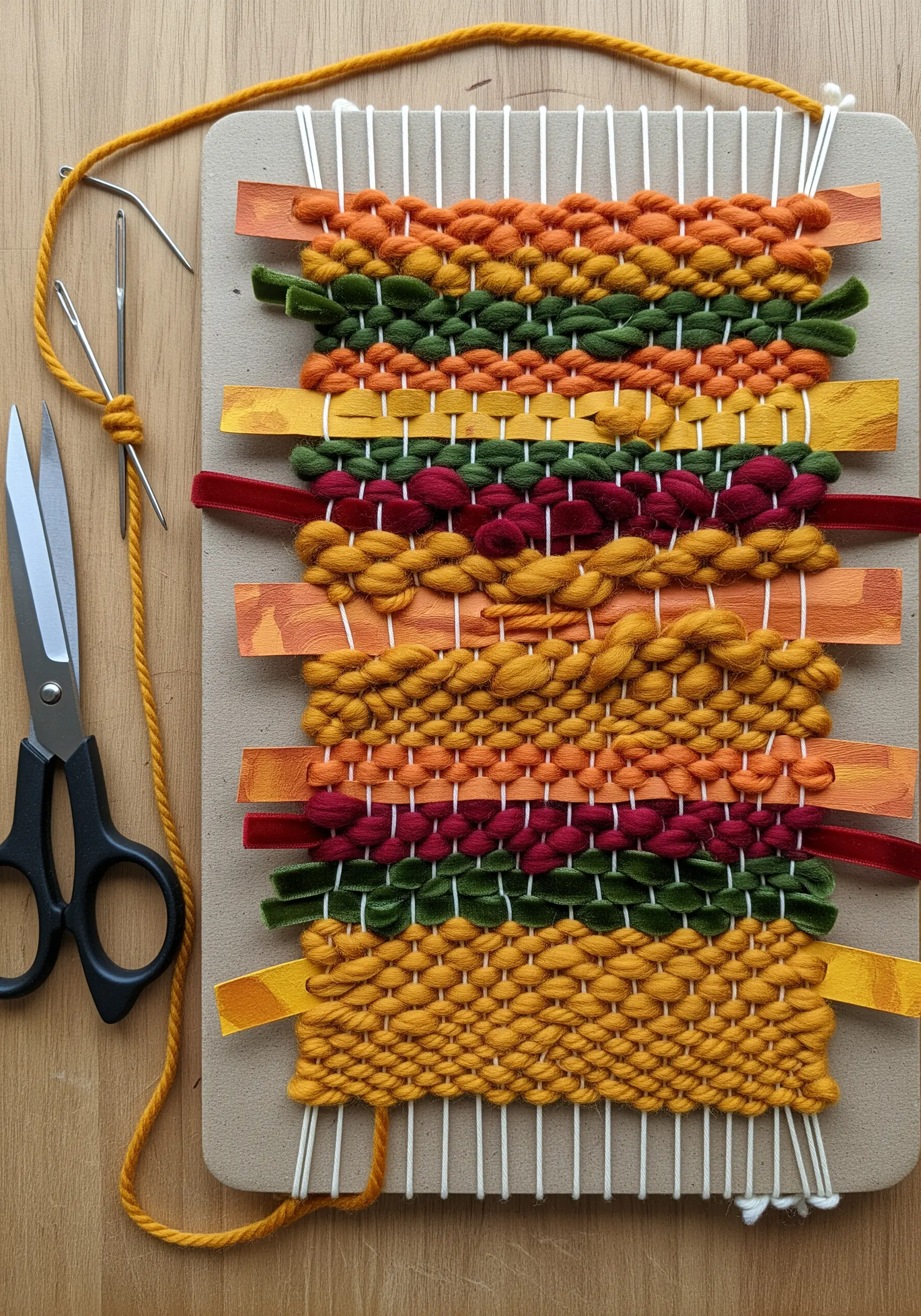 Cardboard loom weaving with colorful yarn and ribbon