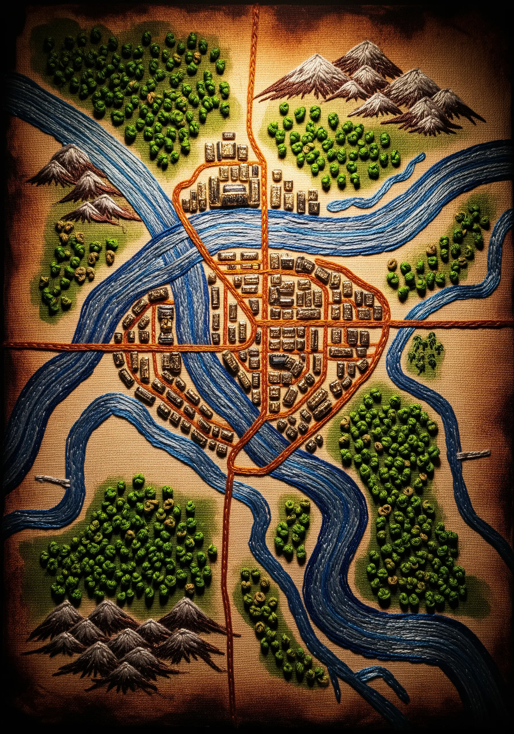 An embroidered map with French knot forests, couched rivers, and satin stitch city blocks.
