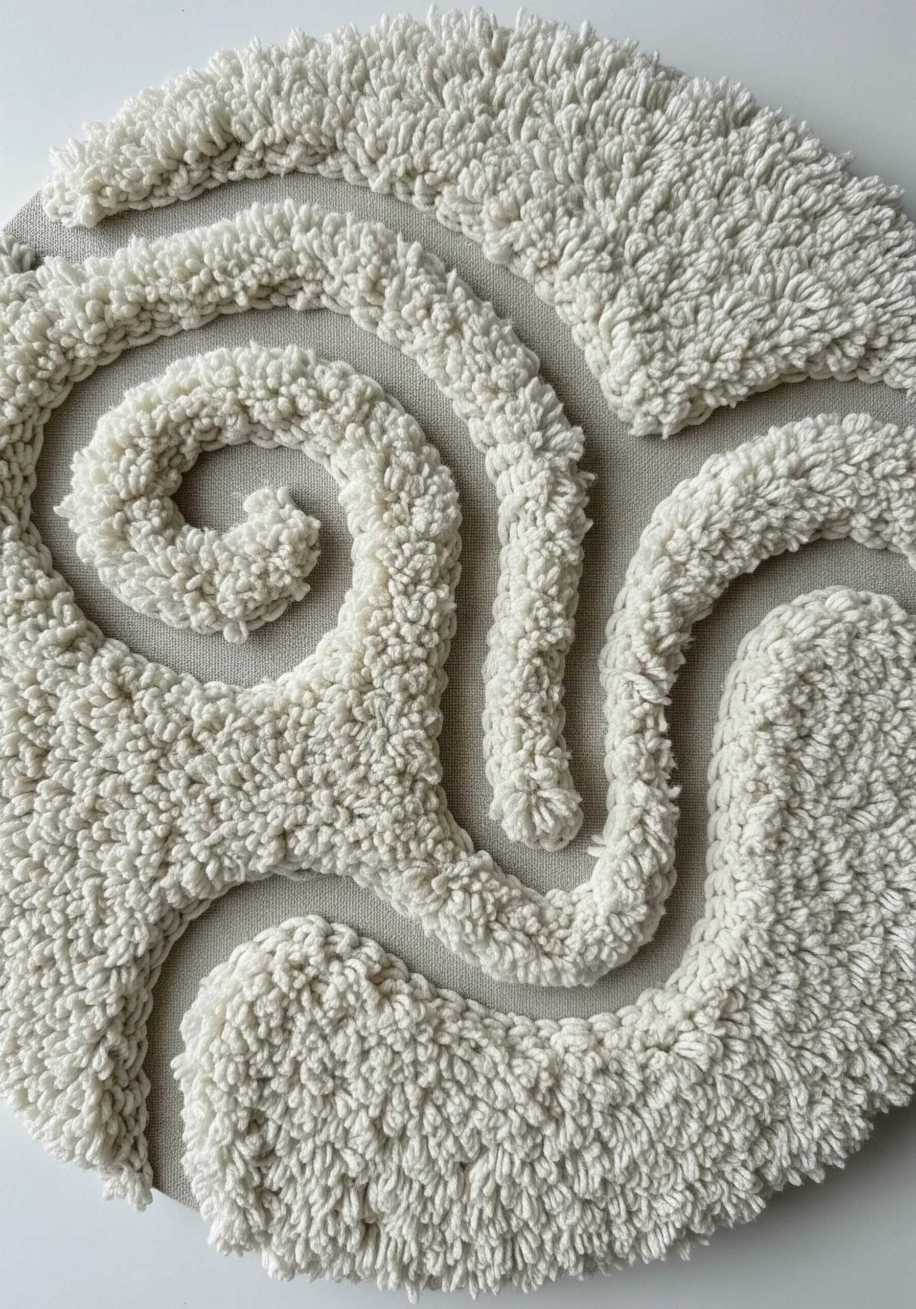 A monochrome abstract labyrinth created with a white punch needle texture on a neutral canvas.