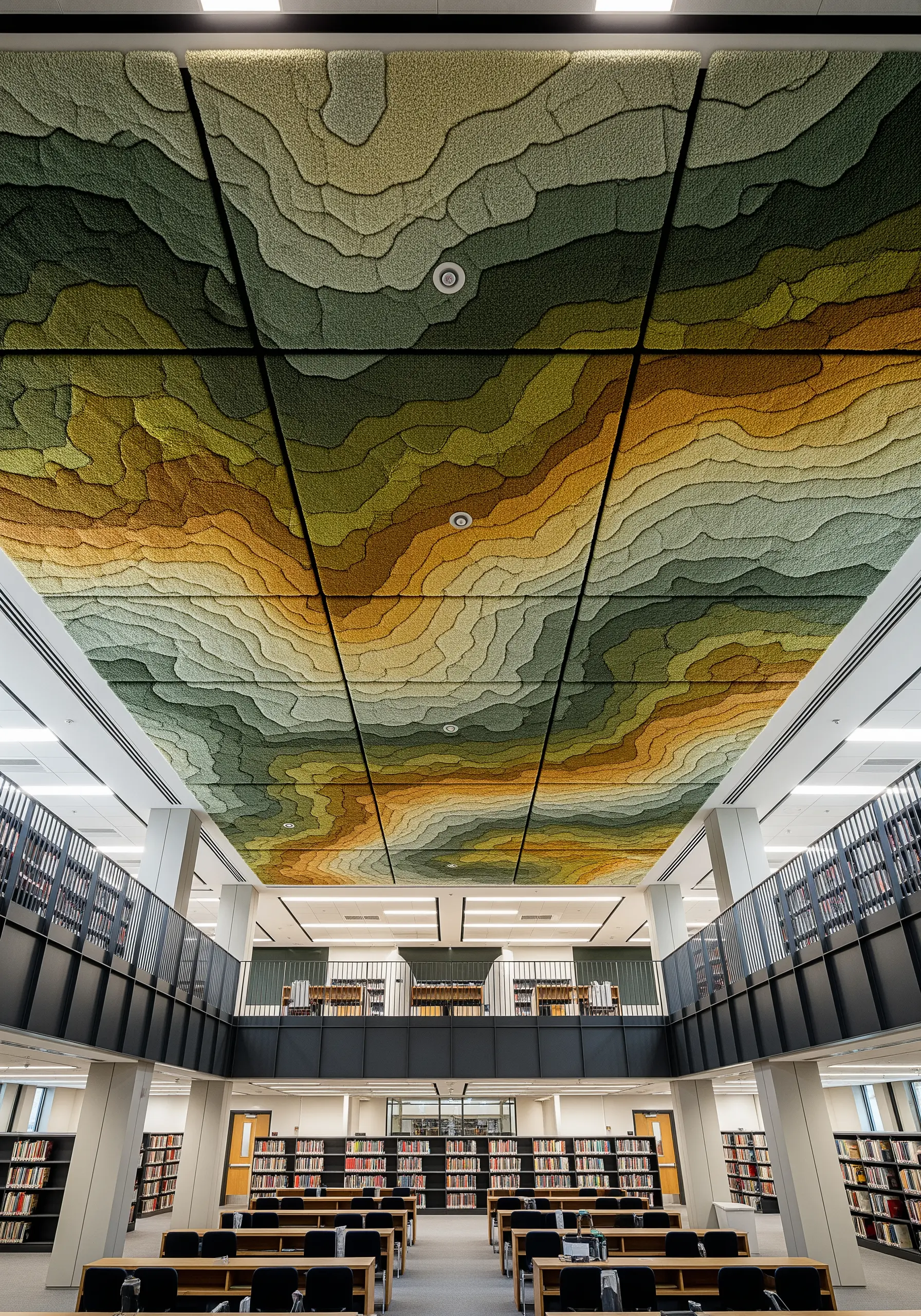 A library ceiling covered in layered felt panels that create a topographical map in earth tones.