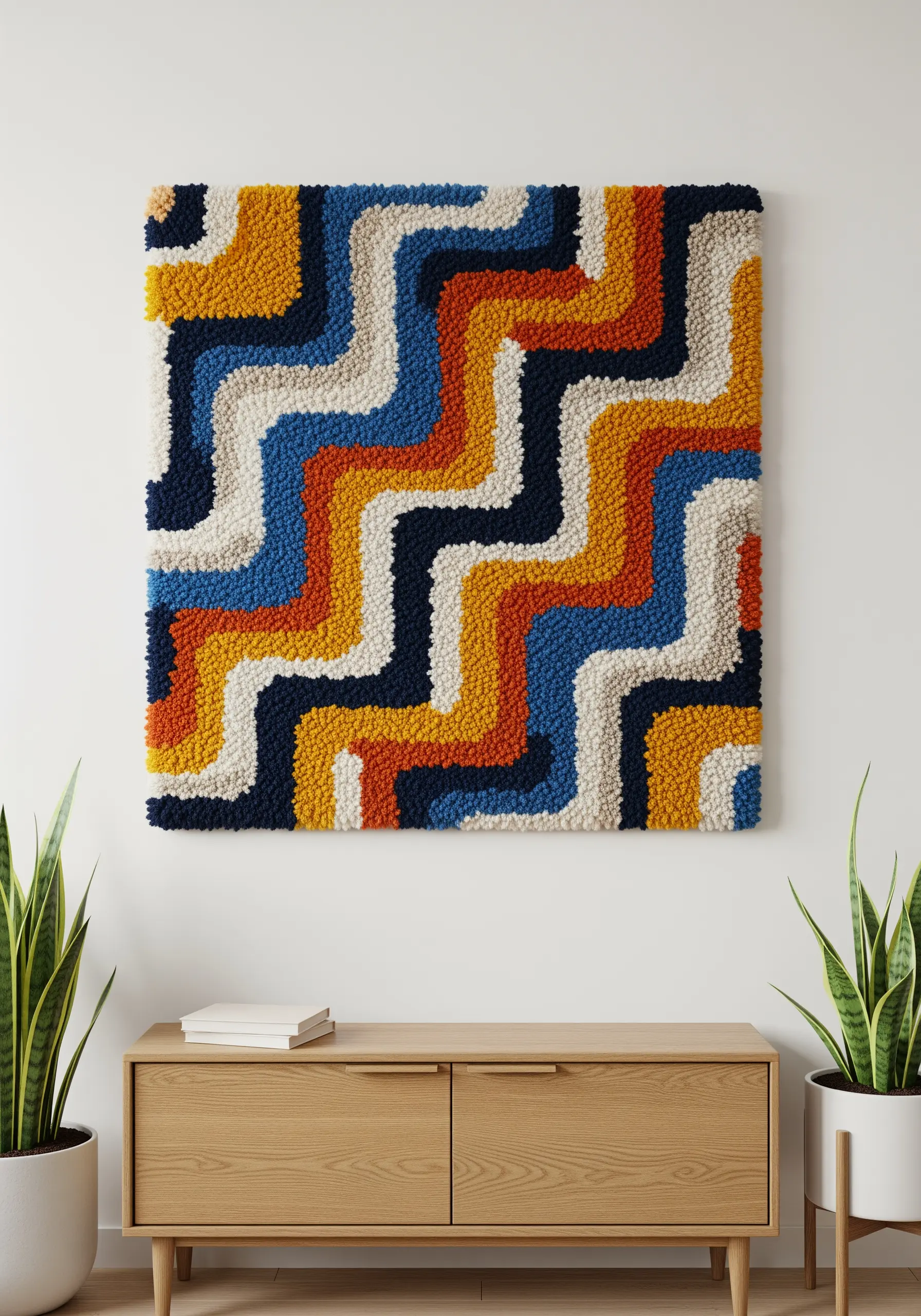 A large punch needle artwork with bold, wavy stripes in blue, orange, and black.