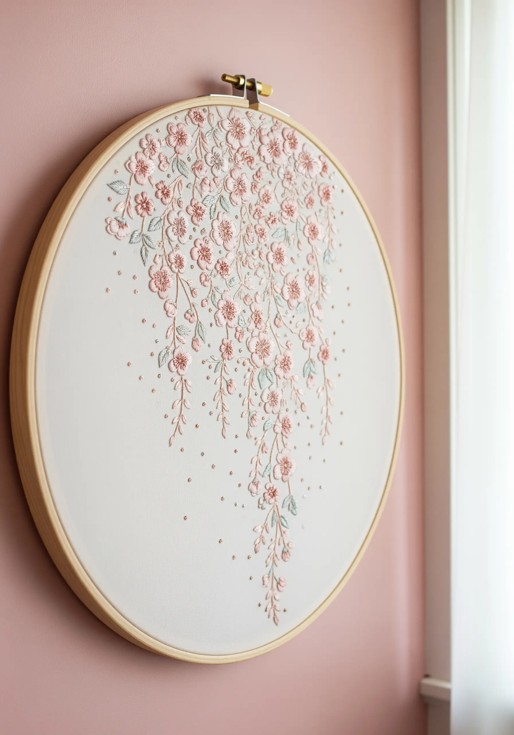 A hoop art piece with pink and gray flowers cascading down, accented with copper metallic dots.