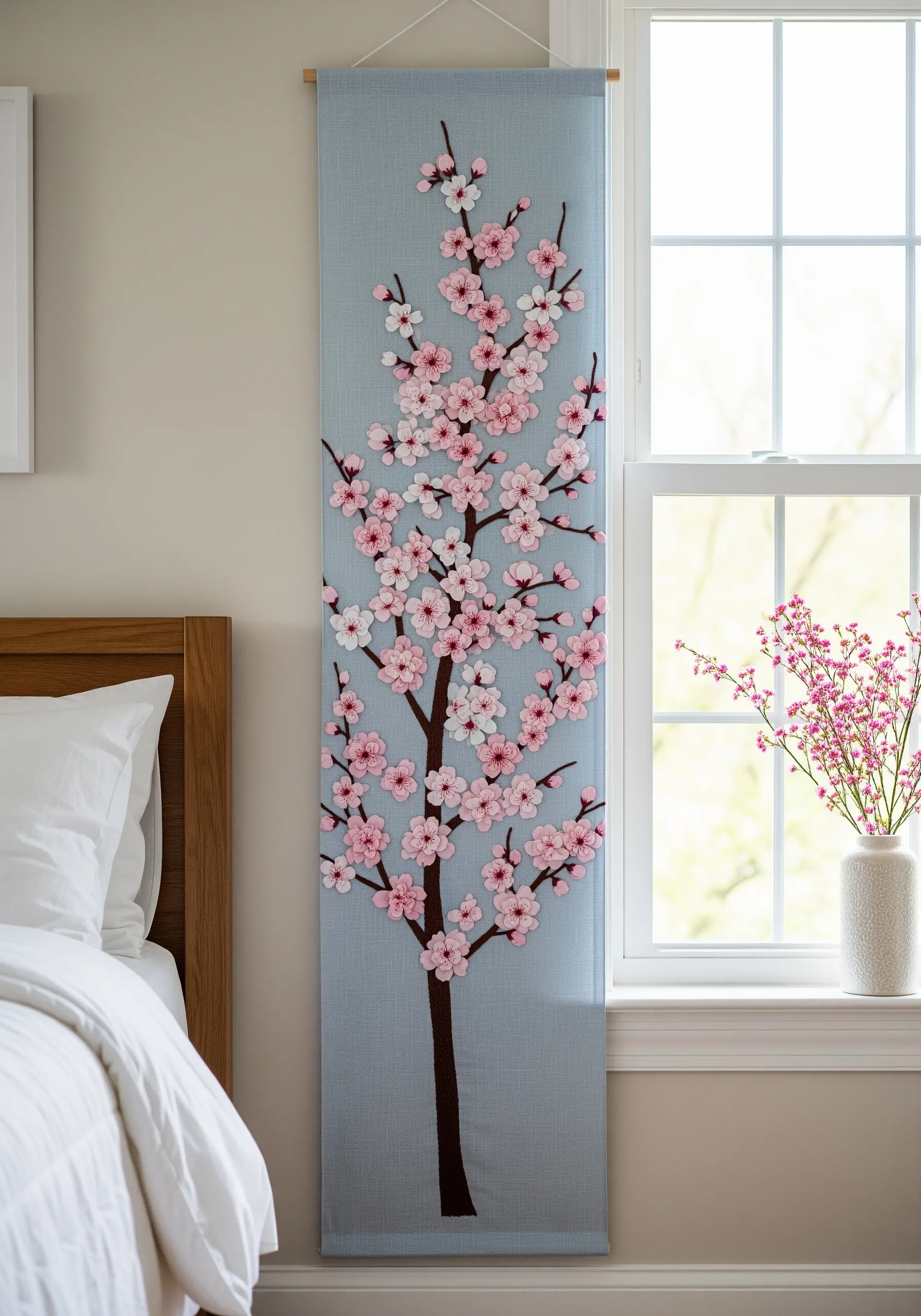 A vertical wall hanging embroidered with a cherry blossom tree branch and pink flowers.