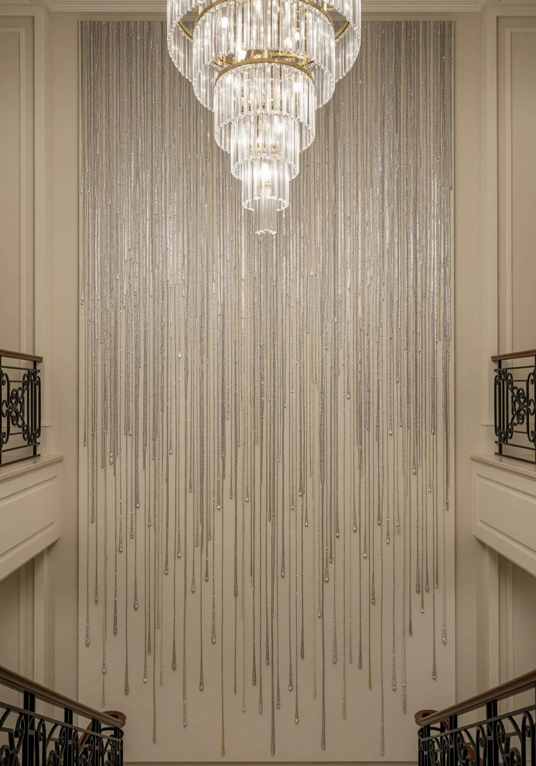 A massive wall installation that looks like a crystal chandelier with dripping silver threads.