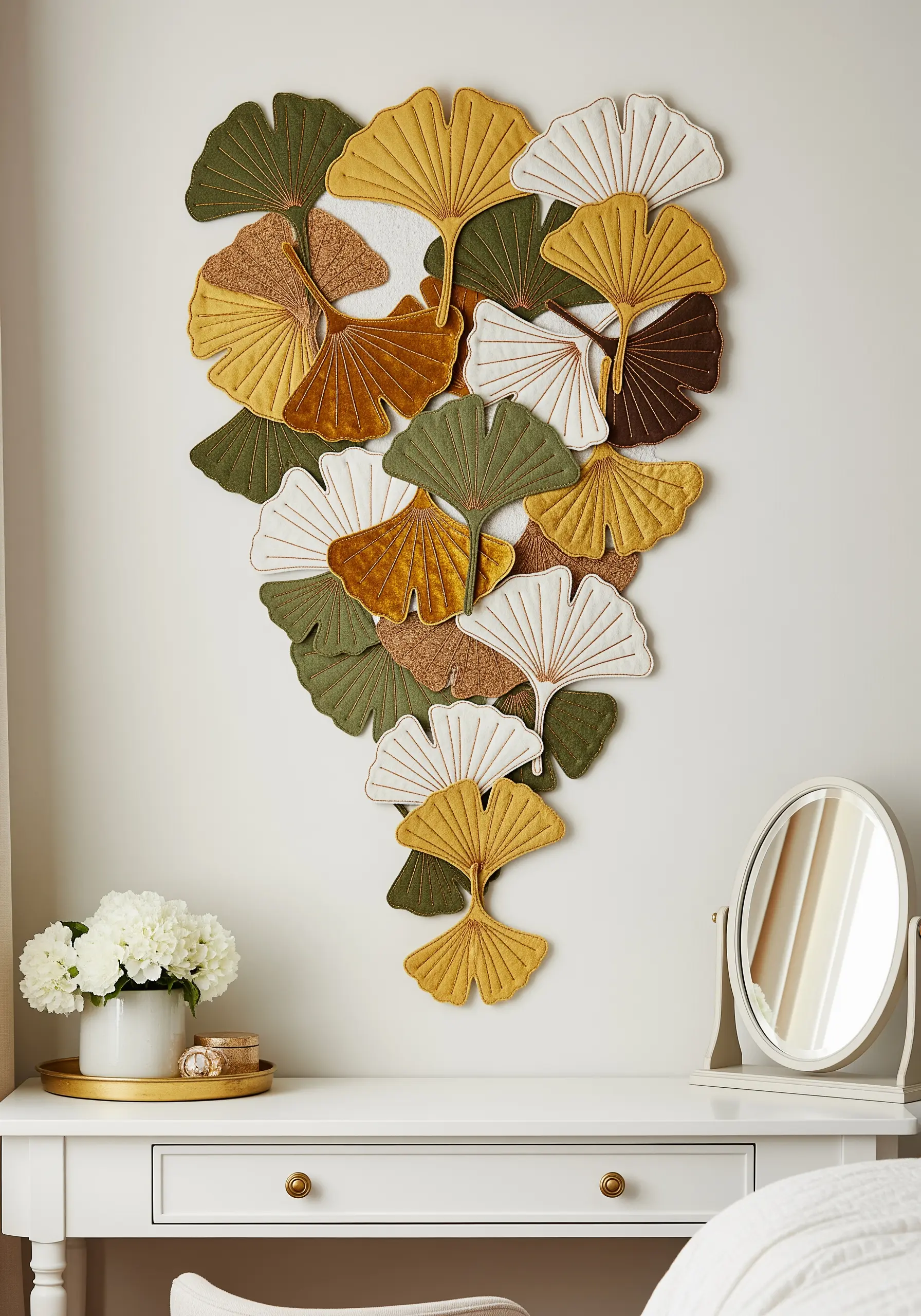 A wall installation of multiple embroidered and fabric ginkgo leaves in various textures and colors.
