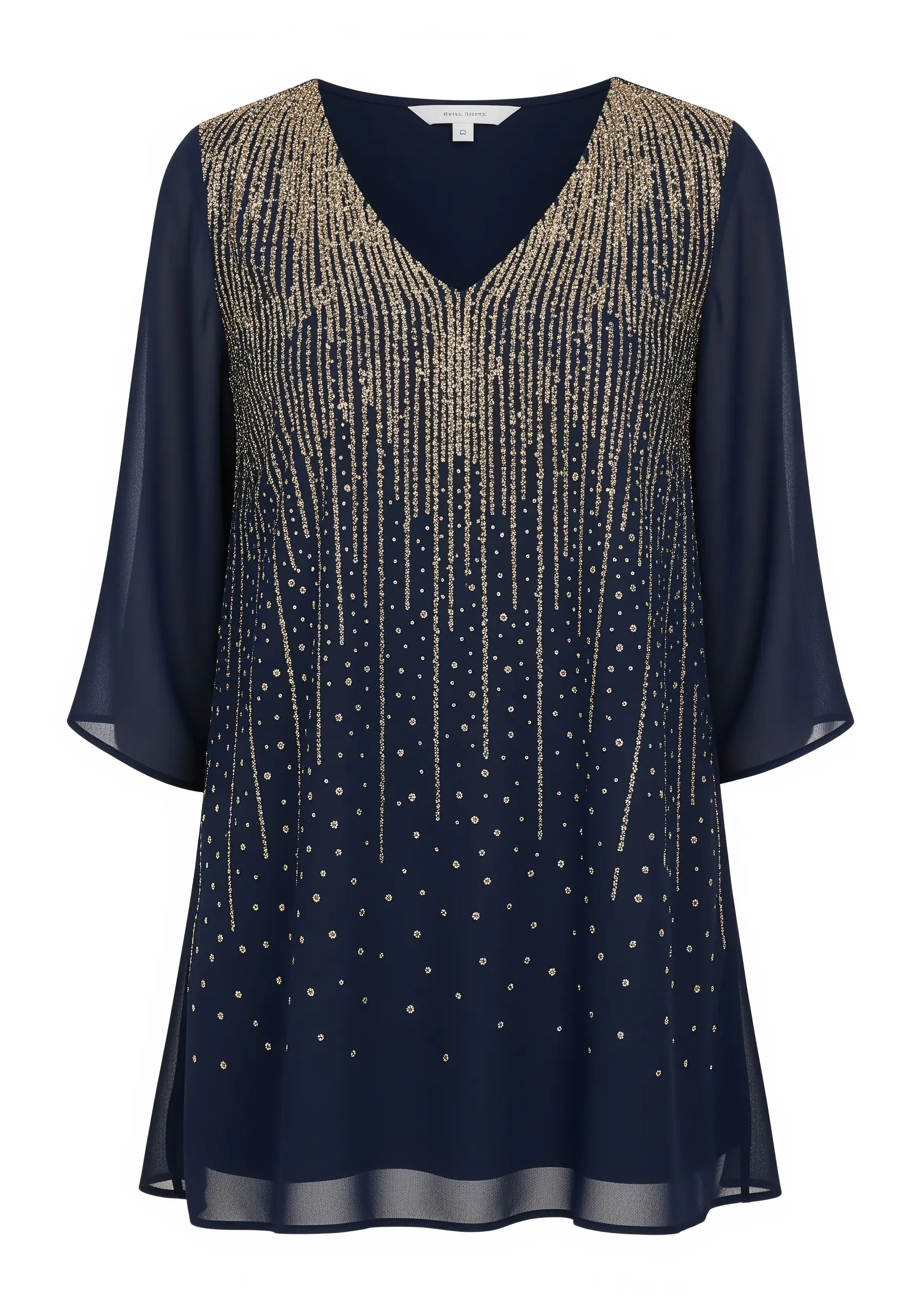 Gold glitter embroidery cascading down a navy blue chiffon top like shimmering rain.