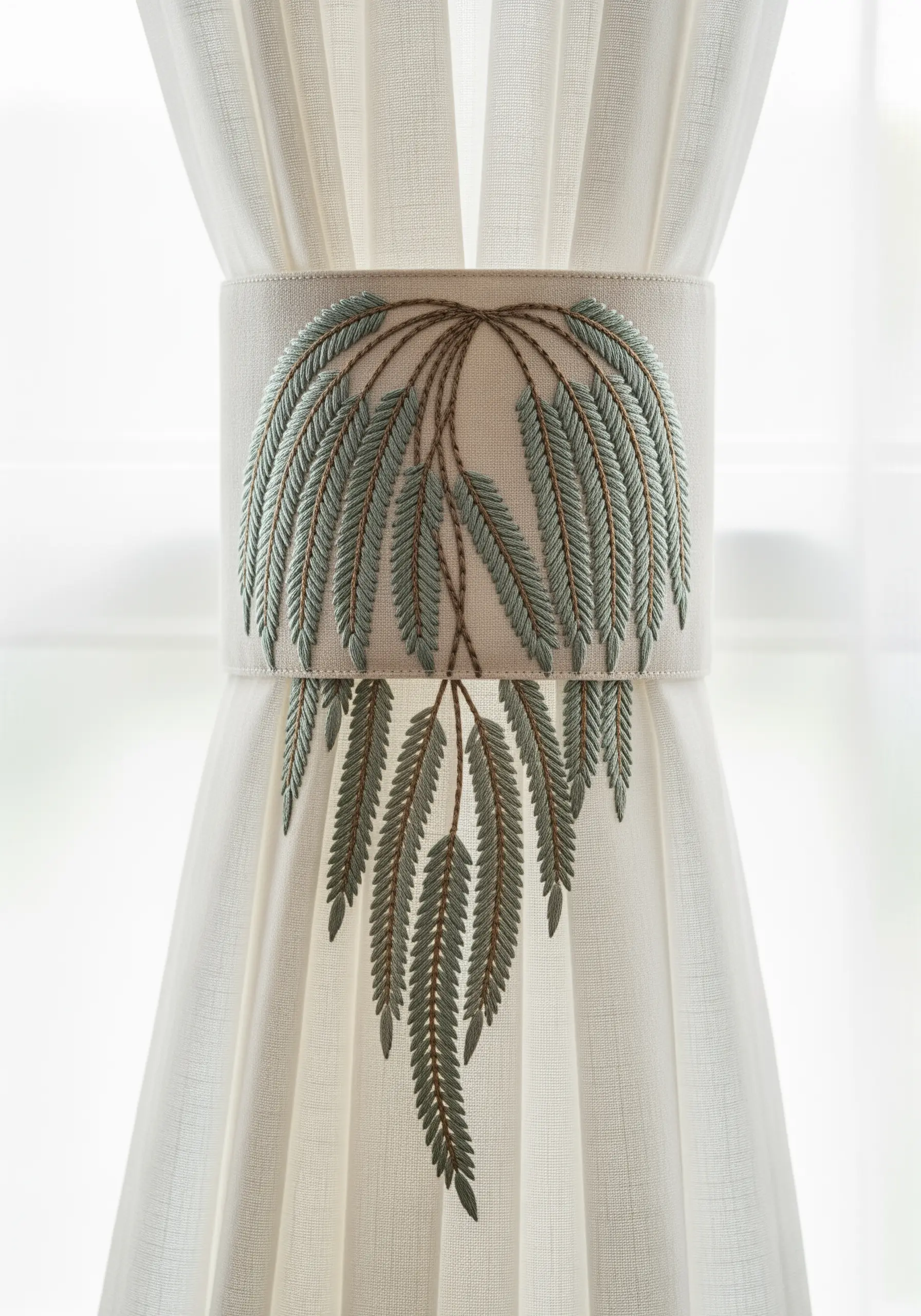 Cascading willow leaves embroidered in sage green and gold on a curtain tie-back.