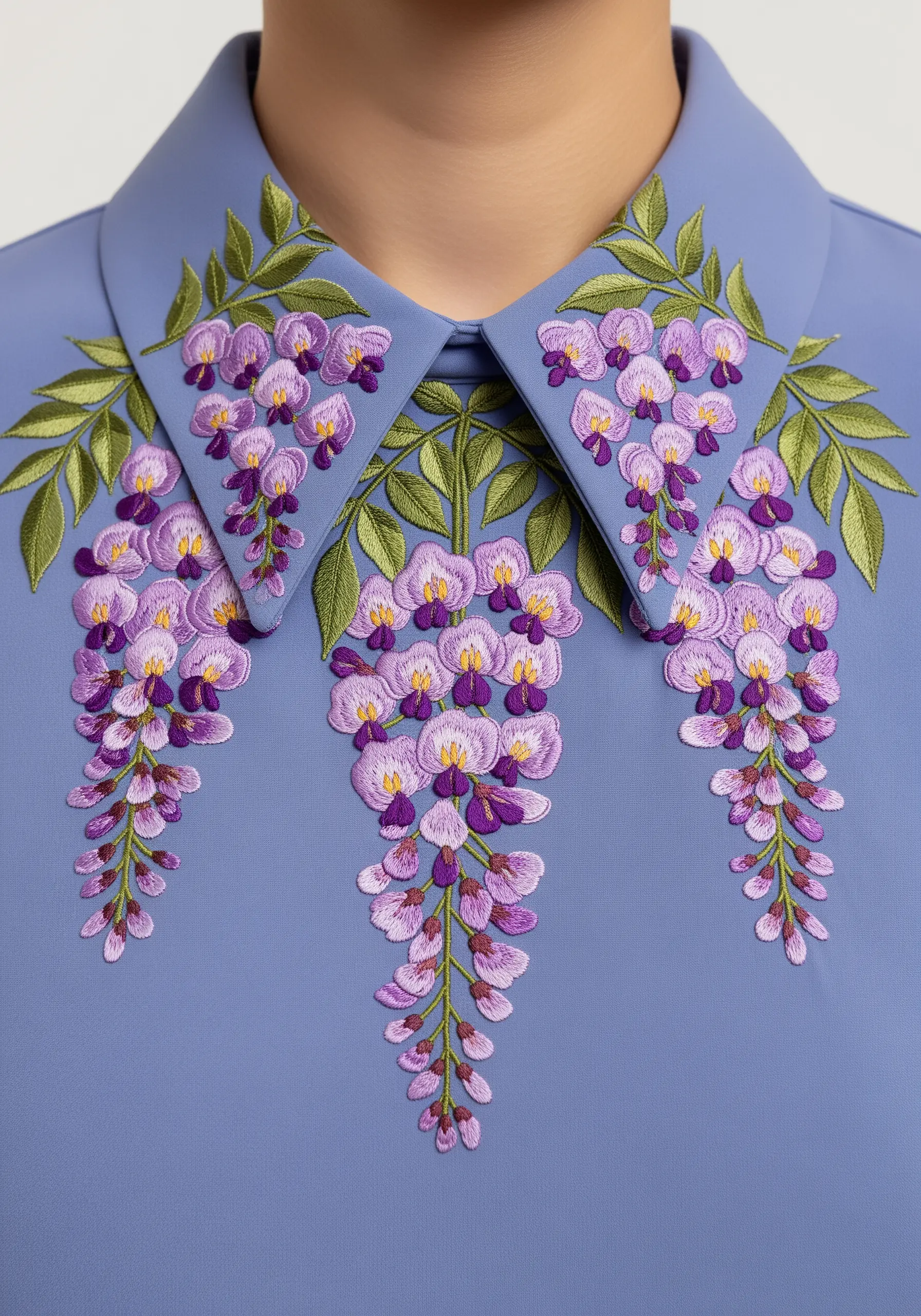 Lush wisteria blossoms in shades of purple cascading down from a periwinkle blue collar.