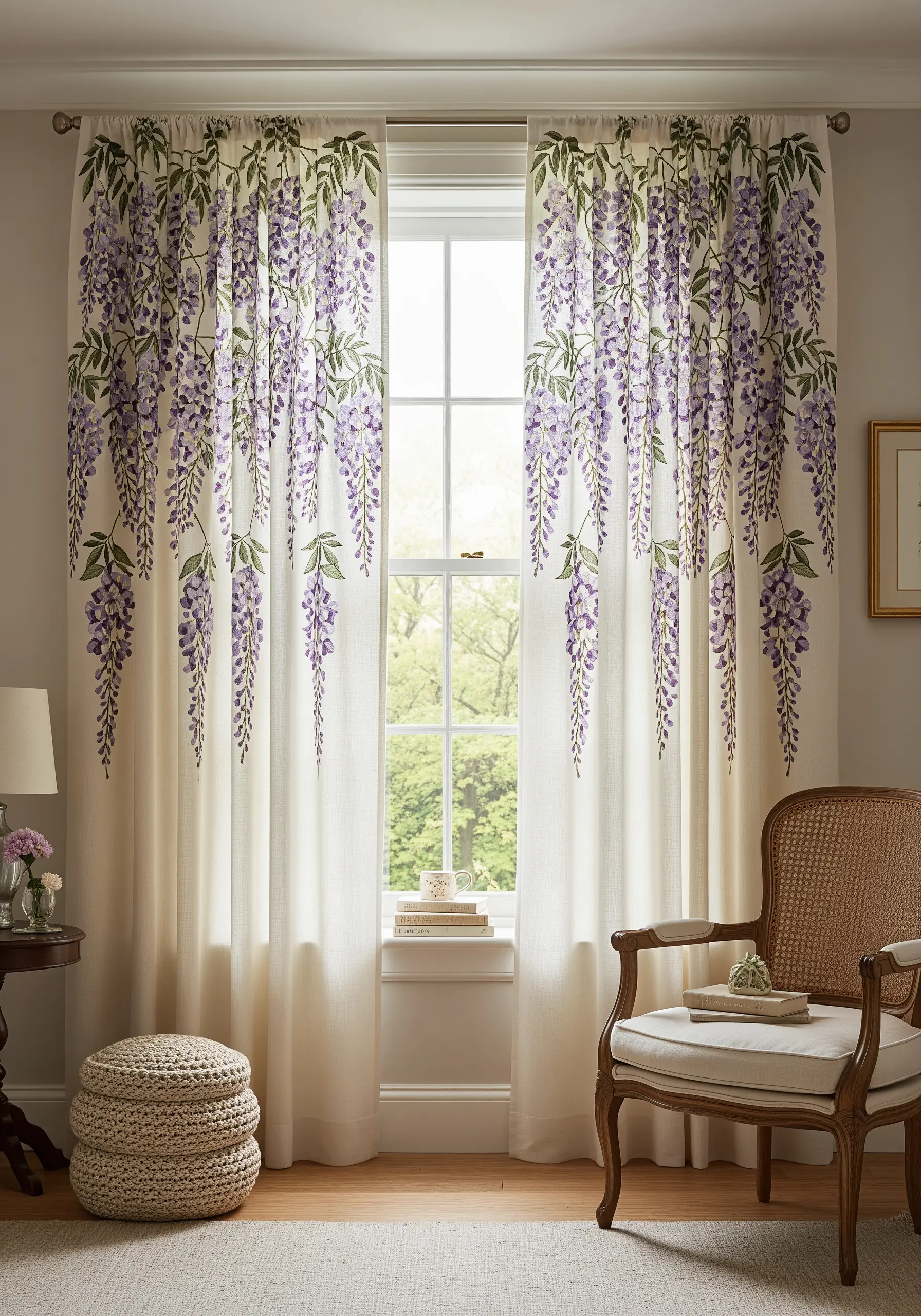 Cascading wisteria embroidered on off-white curtains with thread-painted purple flowers.