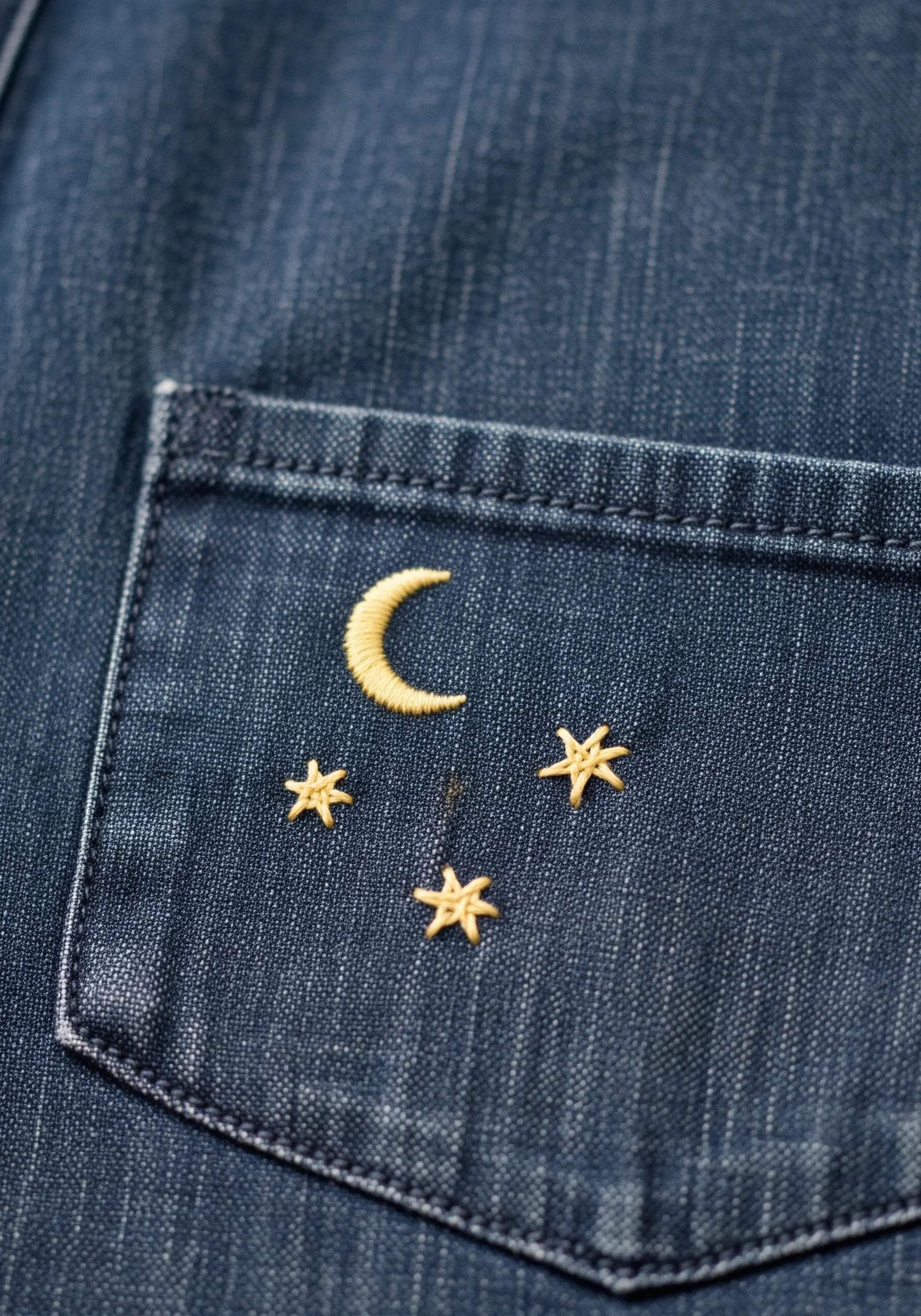 Tiny embroidered moon and stars in gold thread on a dark denim pocket.