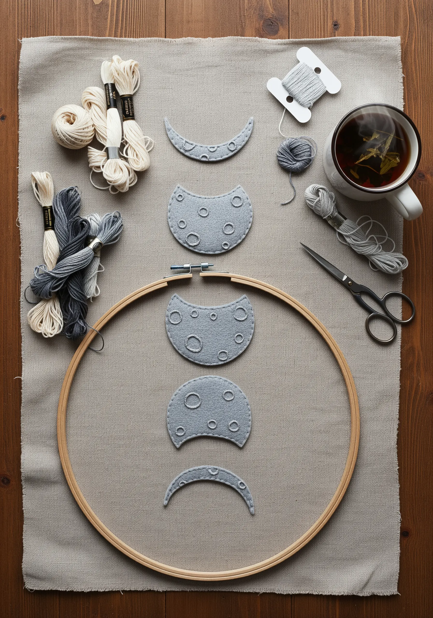 Felt moon phases arranged in an embroidery hoop with grey and cream threads