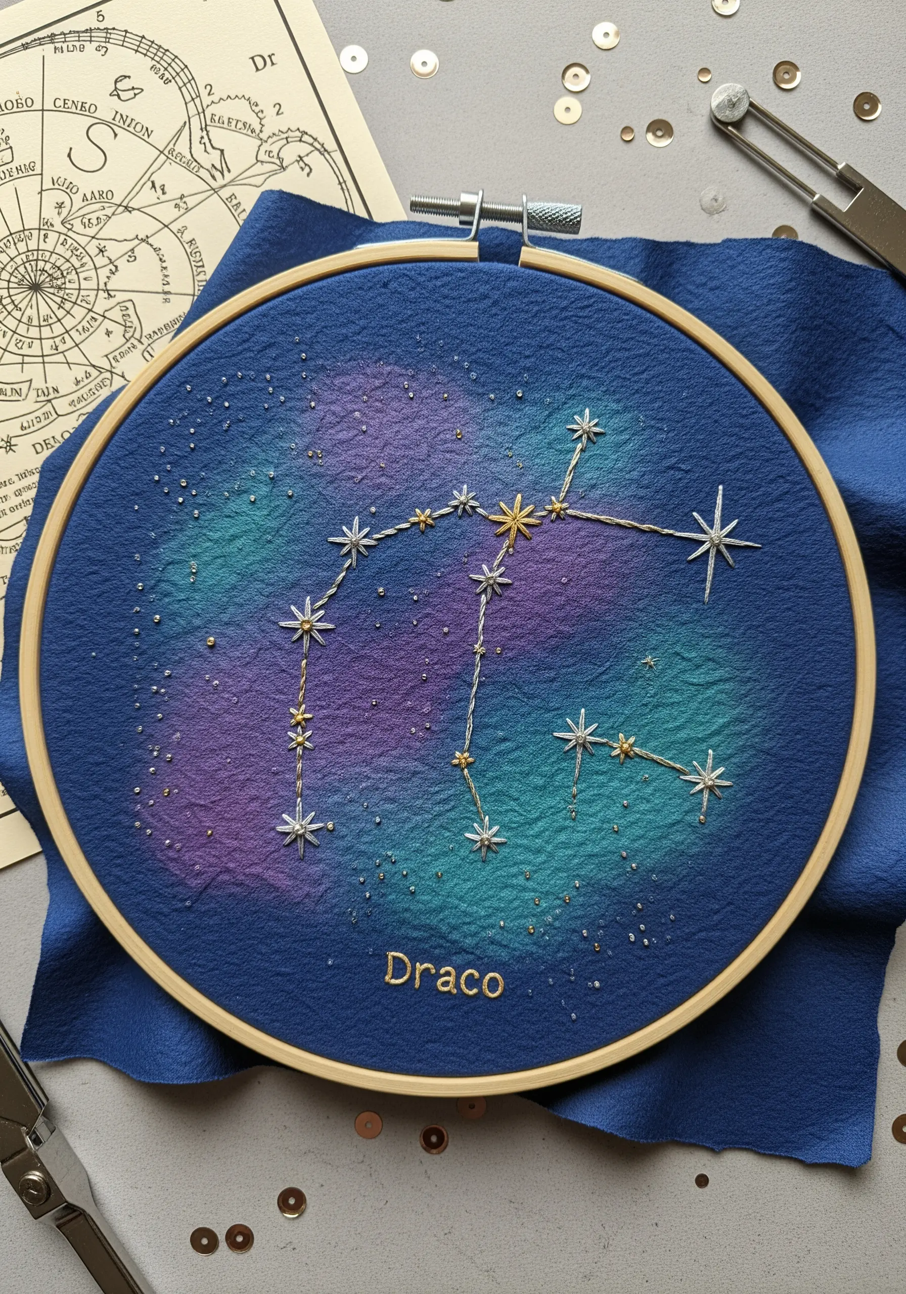 Draco constellation embroidered with metallic thread on a painted galaxy-effect background.