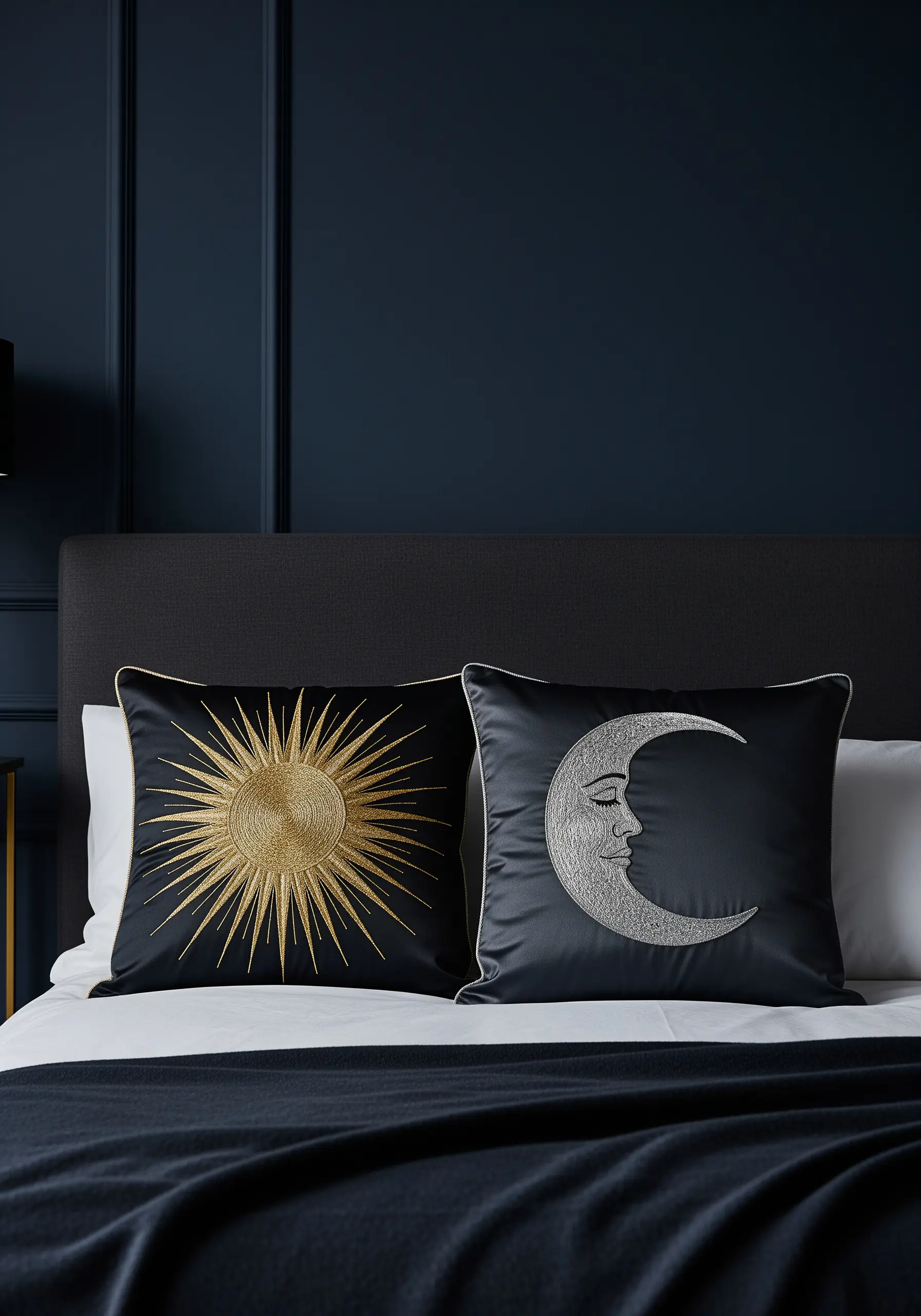 Gold sunburst and silver crescent moon embroidered on black satin pillows.