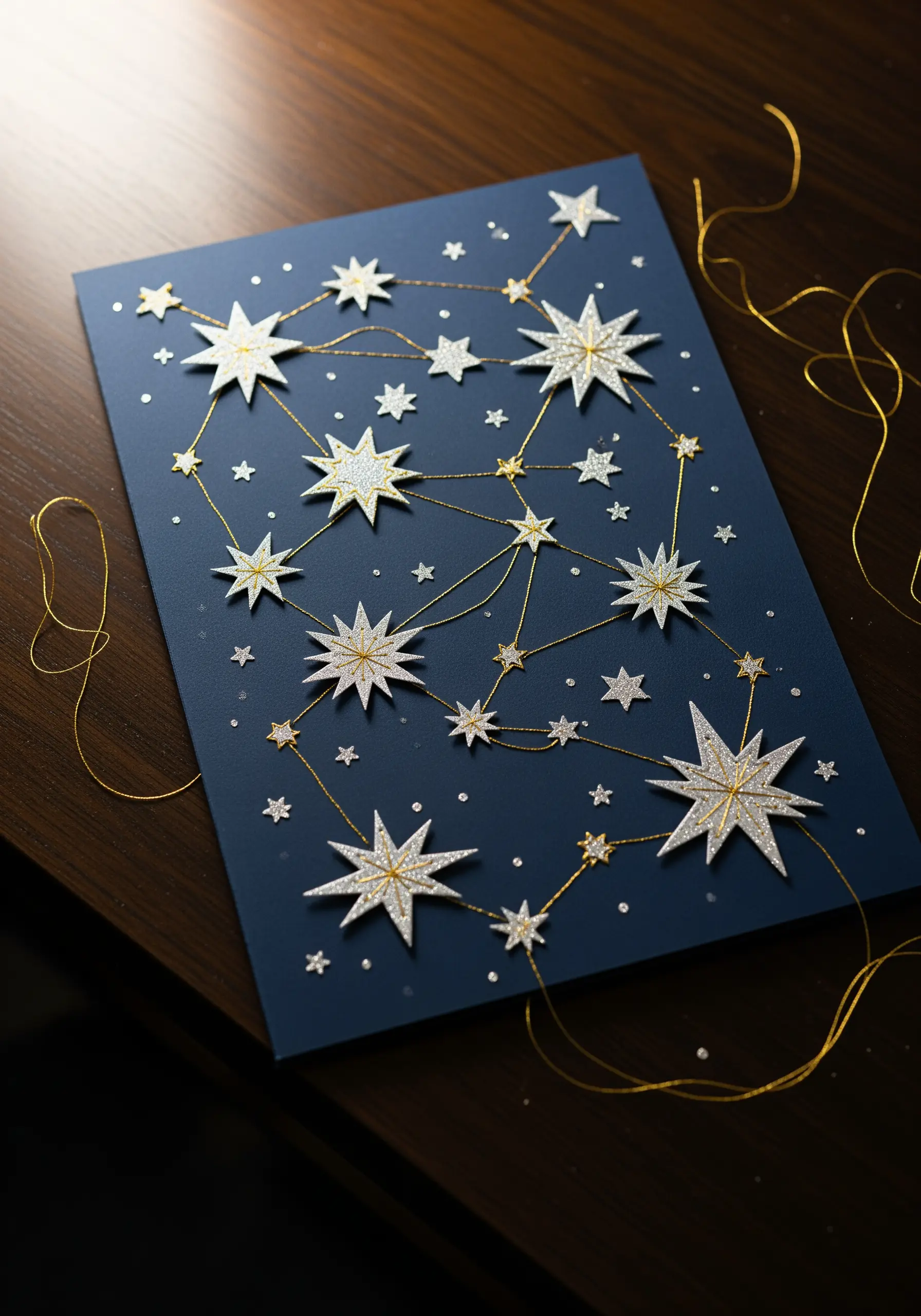 Gold thread connecting white stars on blue cardstock