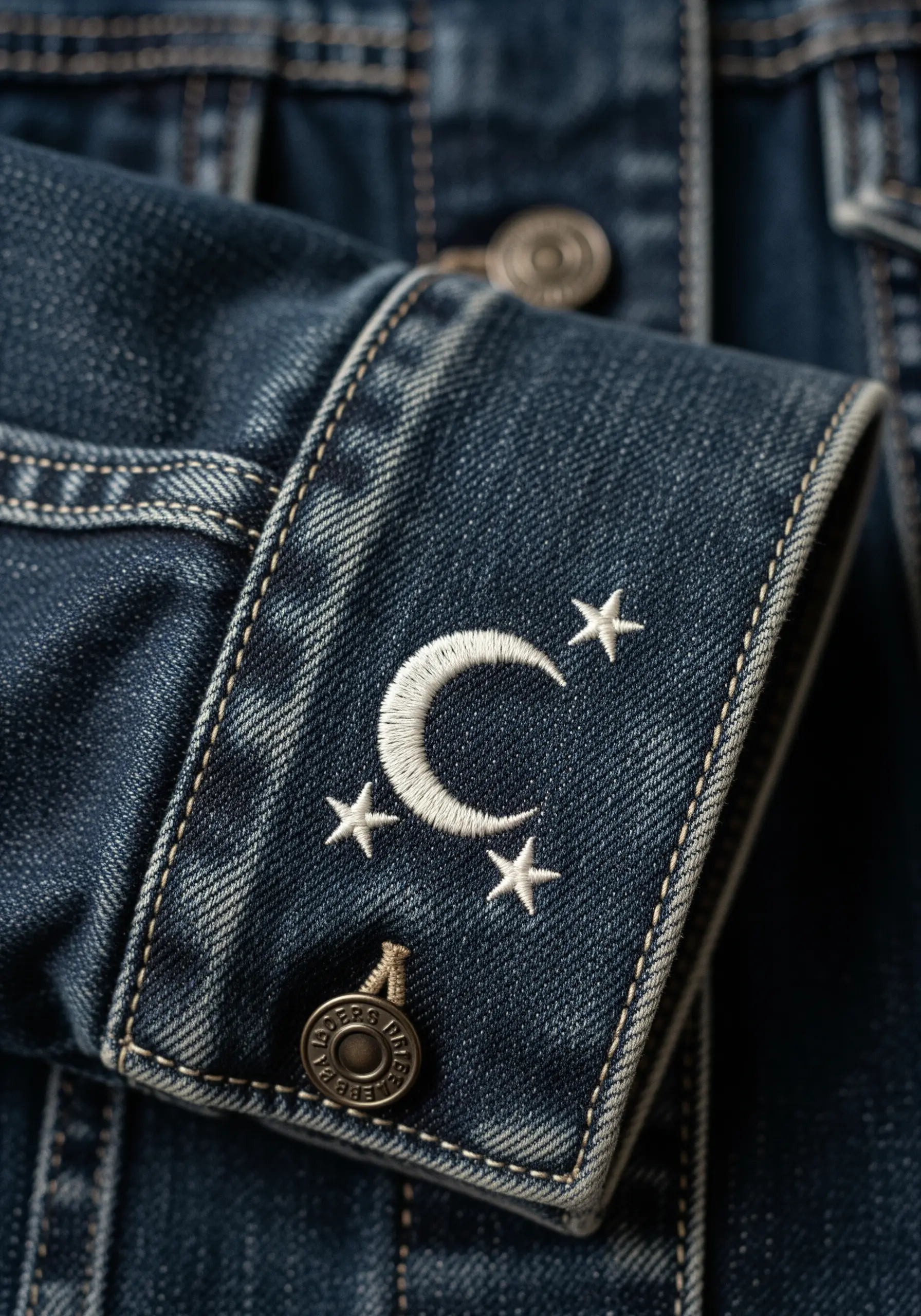 A white crescent moon and stars embroidered on the dark denim cuff of a jacket.
