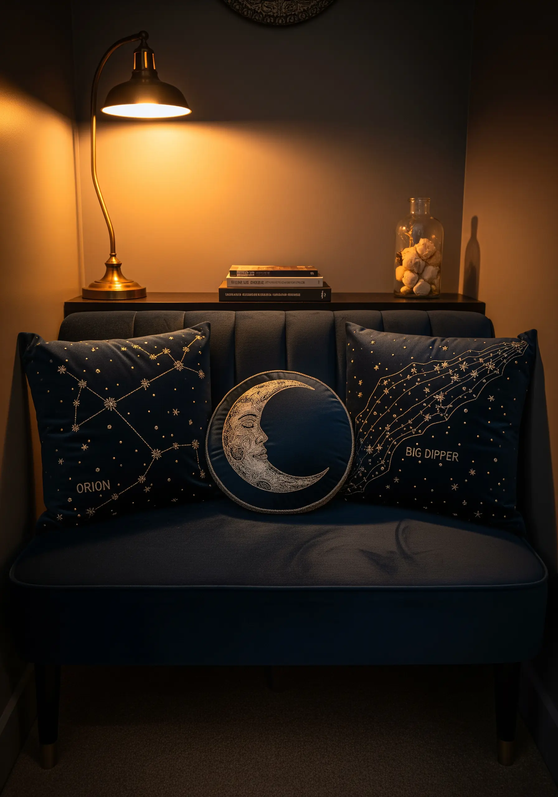 Embroidered celestial maps and a moon face on dark blue velvet cushions.