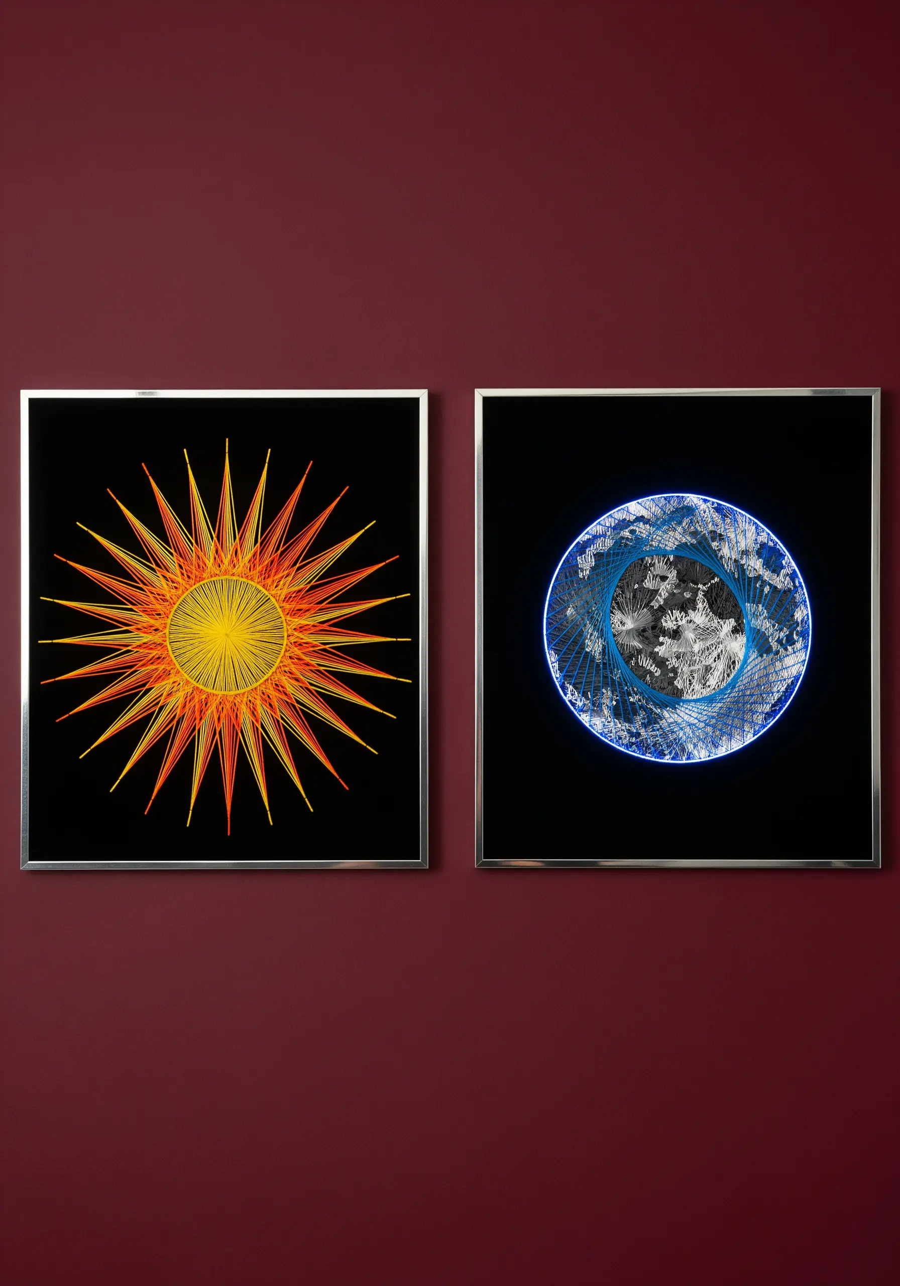 A two-panel embroidery showing a radial orange sun and a blue-and-white Earth.