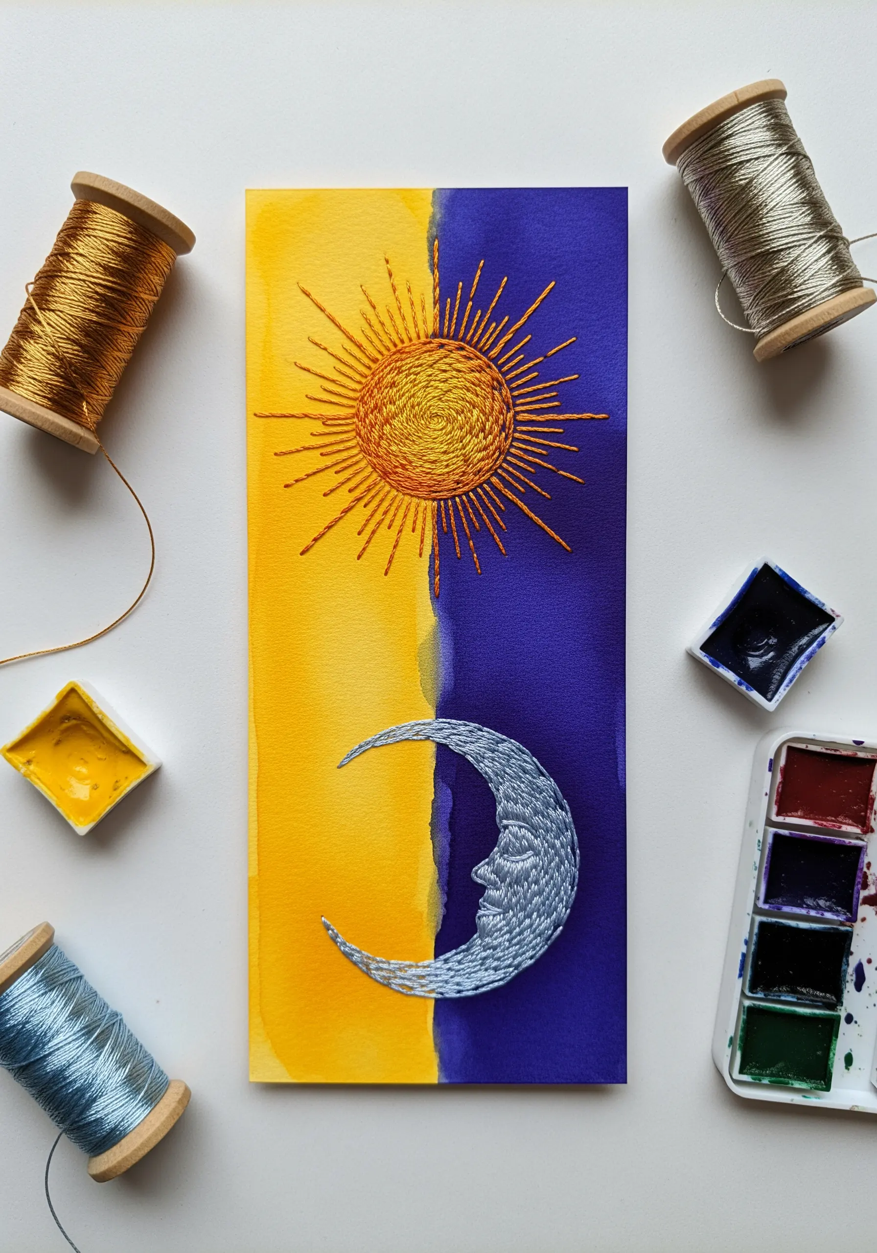 Embroidered sun and moon on a yellow and indigo watercolor background, using metallic threads.