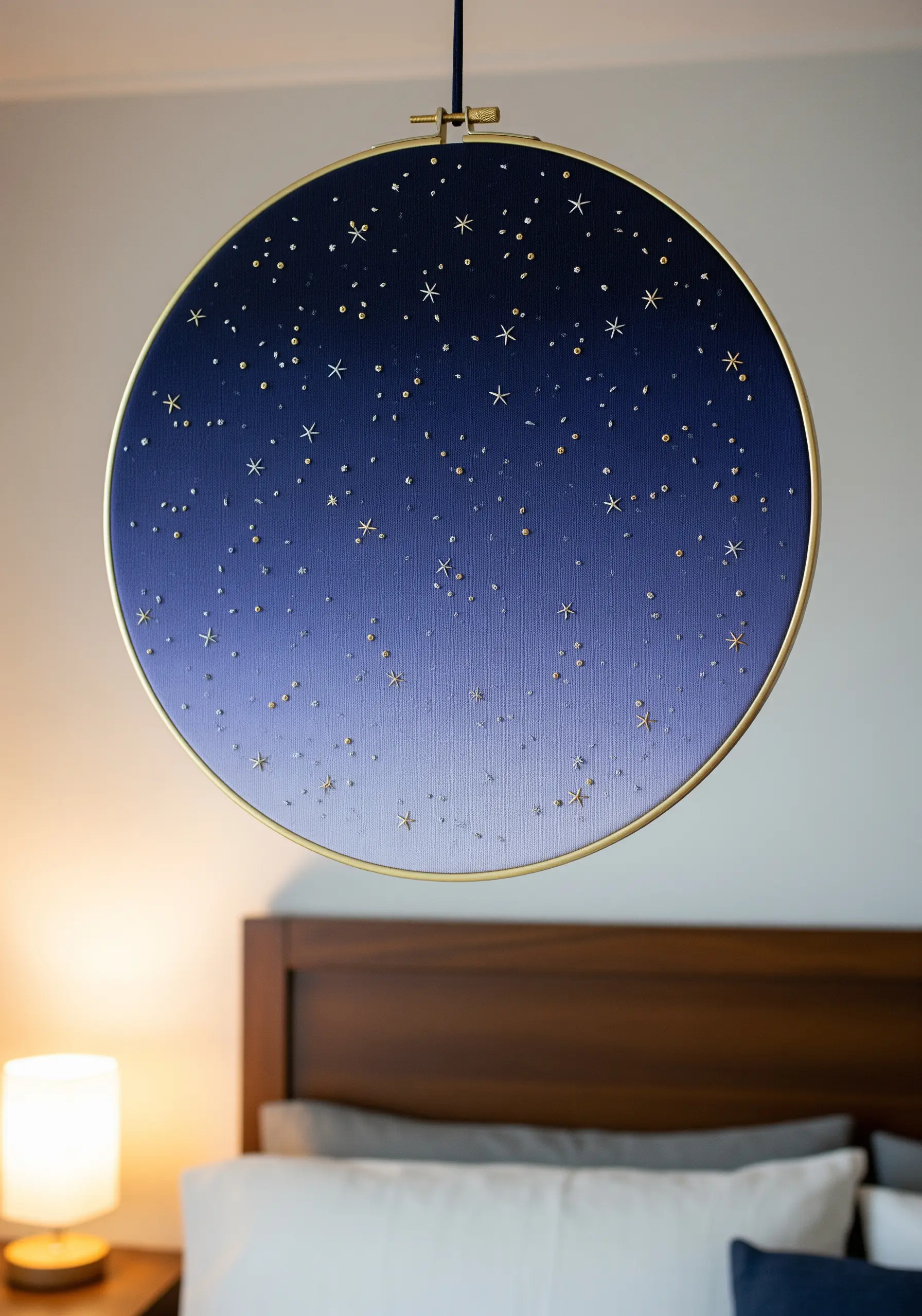 Dark blue gradient hoop art embroidered with beads and sequins to look like a night sky.