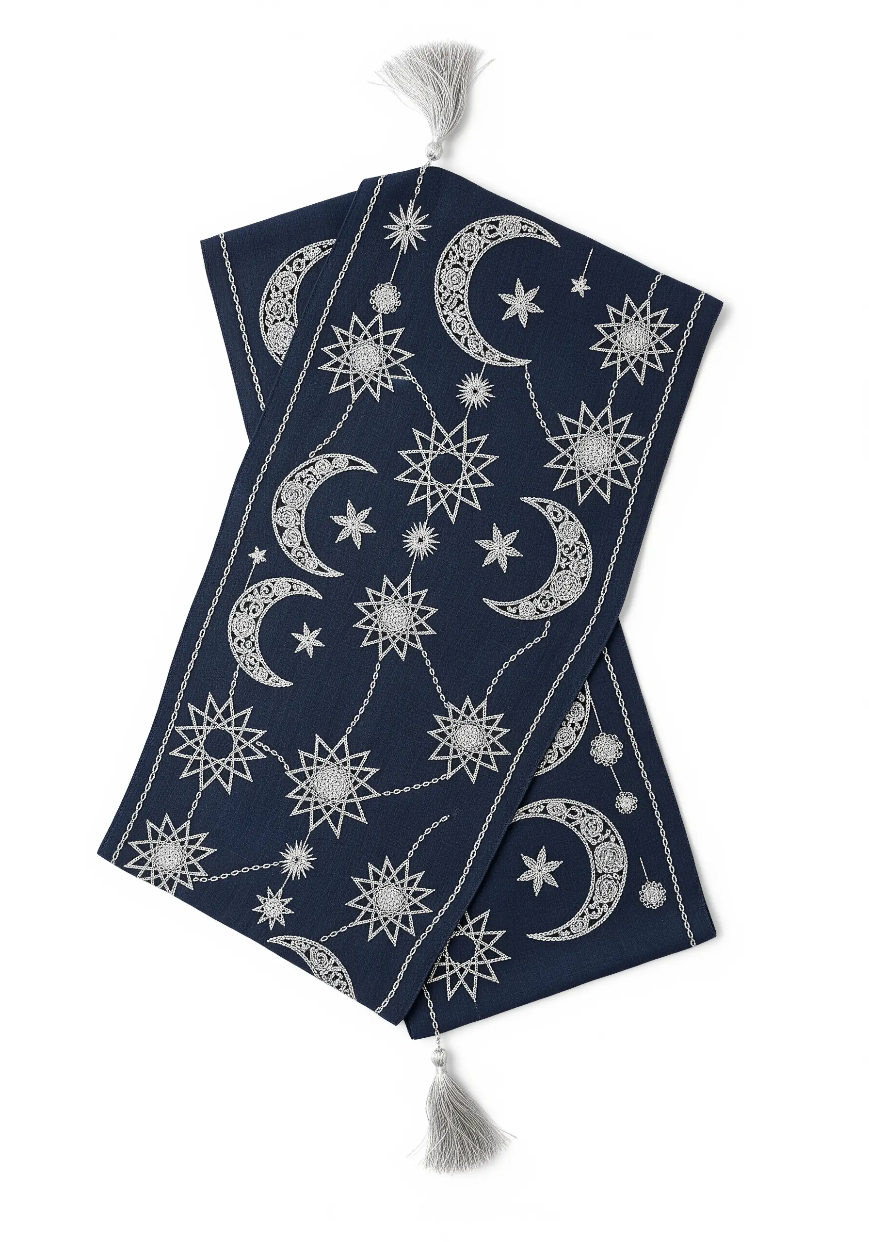 White and silver embroidery of crescent moons and stars on a navy blue table runner.