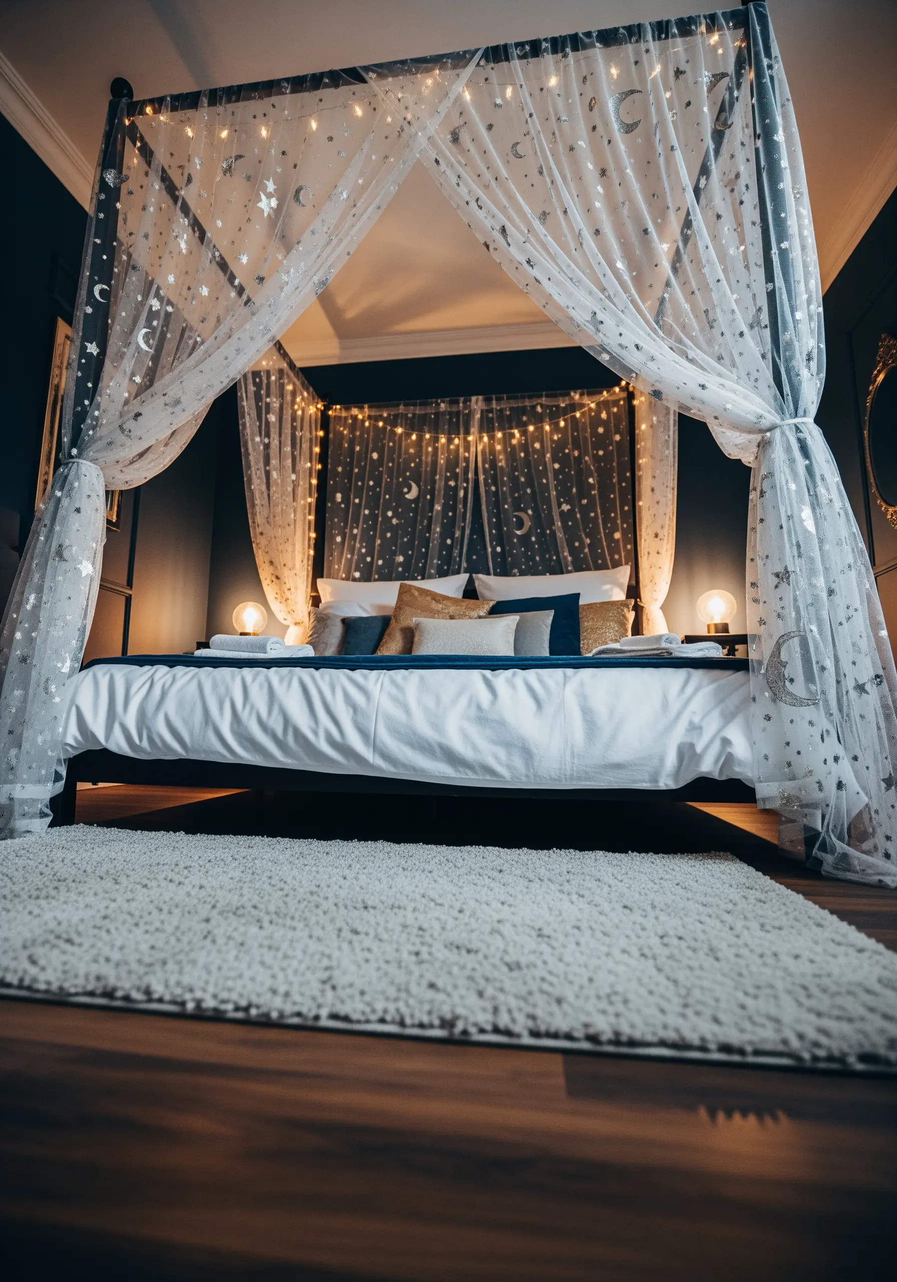 Bed canopy with silver metallic star and moon embroidery