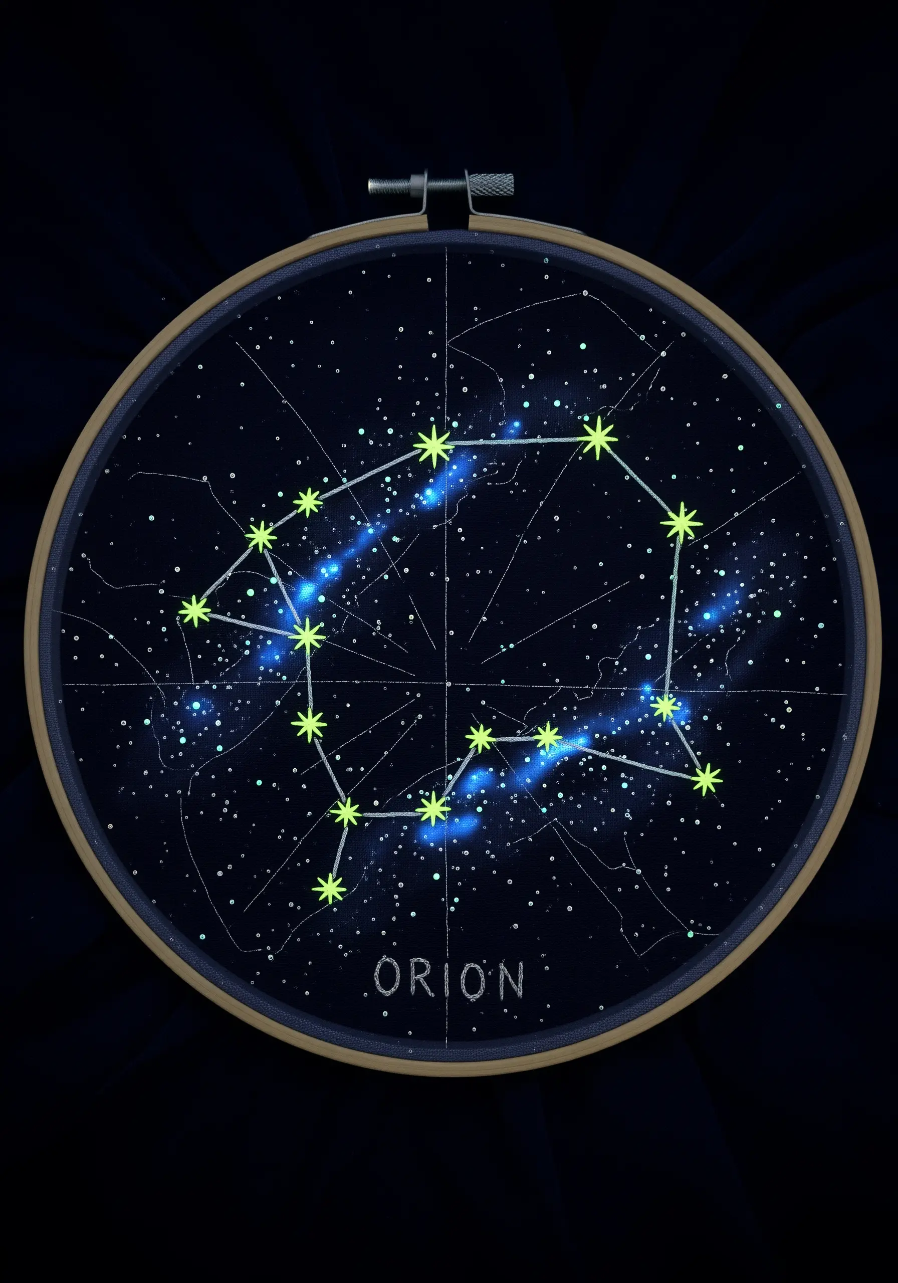 Embroidery of the Orion constellation on dark fabric using glow-in-the-dark thread.