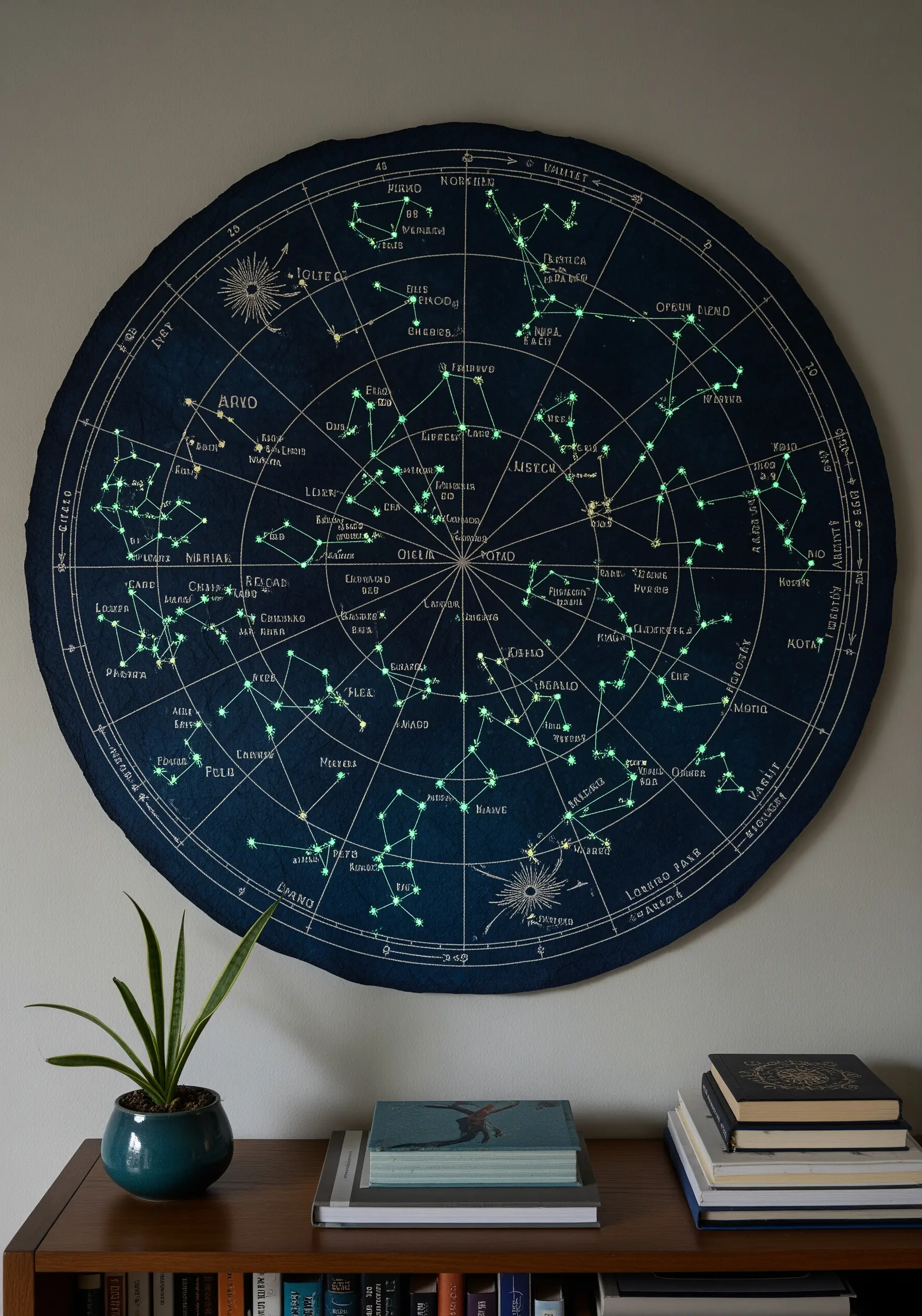 A large, circular constellation map embroidered on dark blue paper with glow-in-the-dark stars.