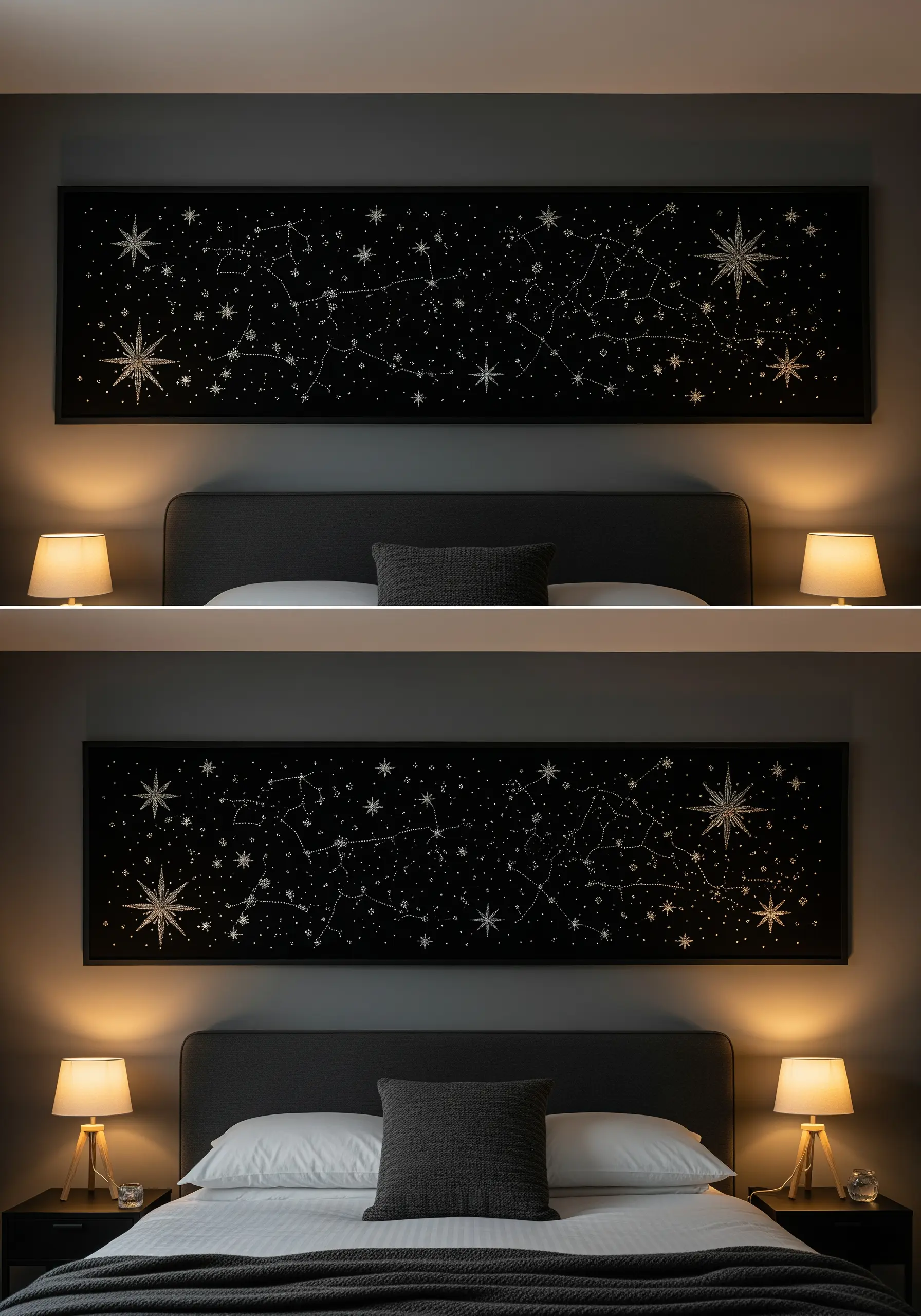 A long, framed embroidery of a starry night sky with constellations stitched in metallic thread.