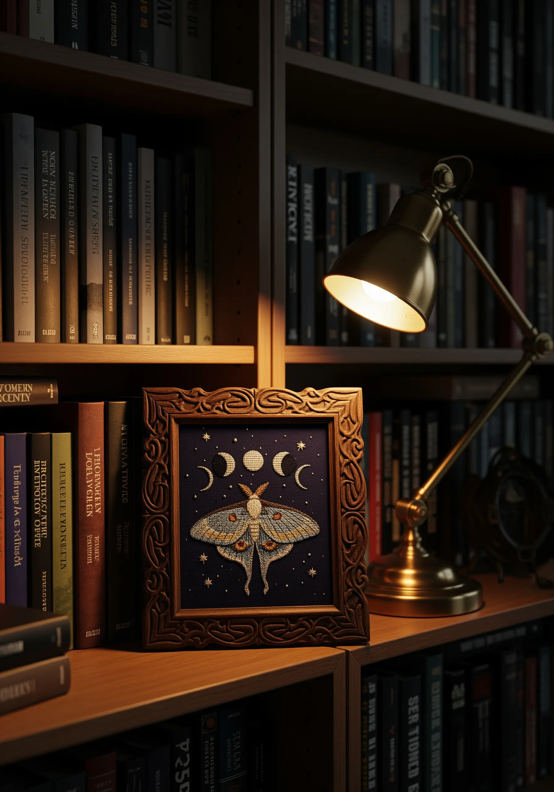 Embroidered moth and moon phases on dark fabric in a carved wood frame.