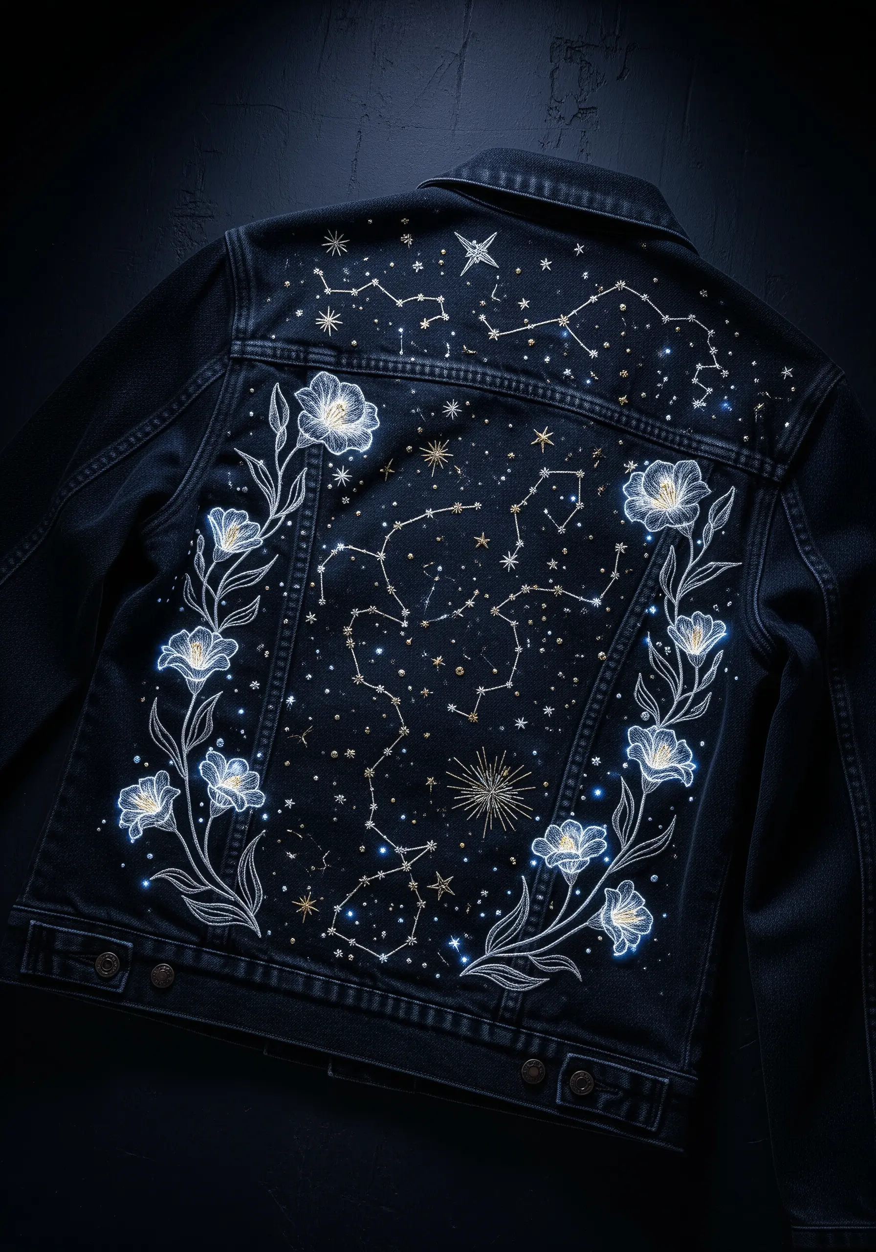 Embroidered constellations and white floral vines on the back of a black denim jacket.
