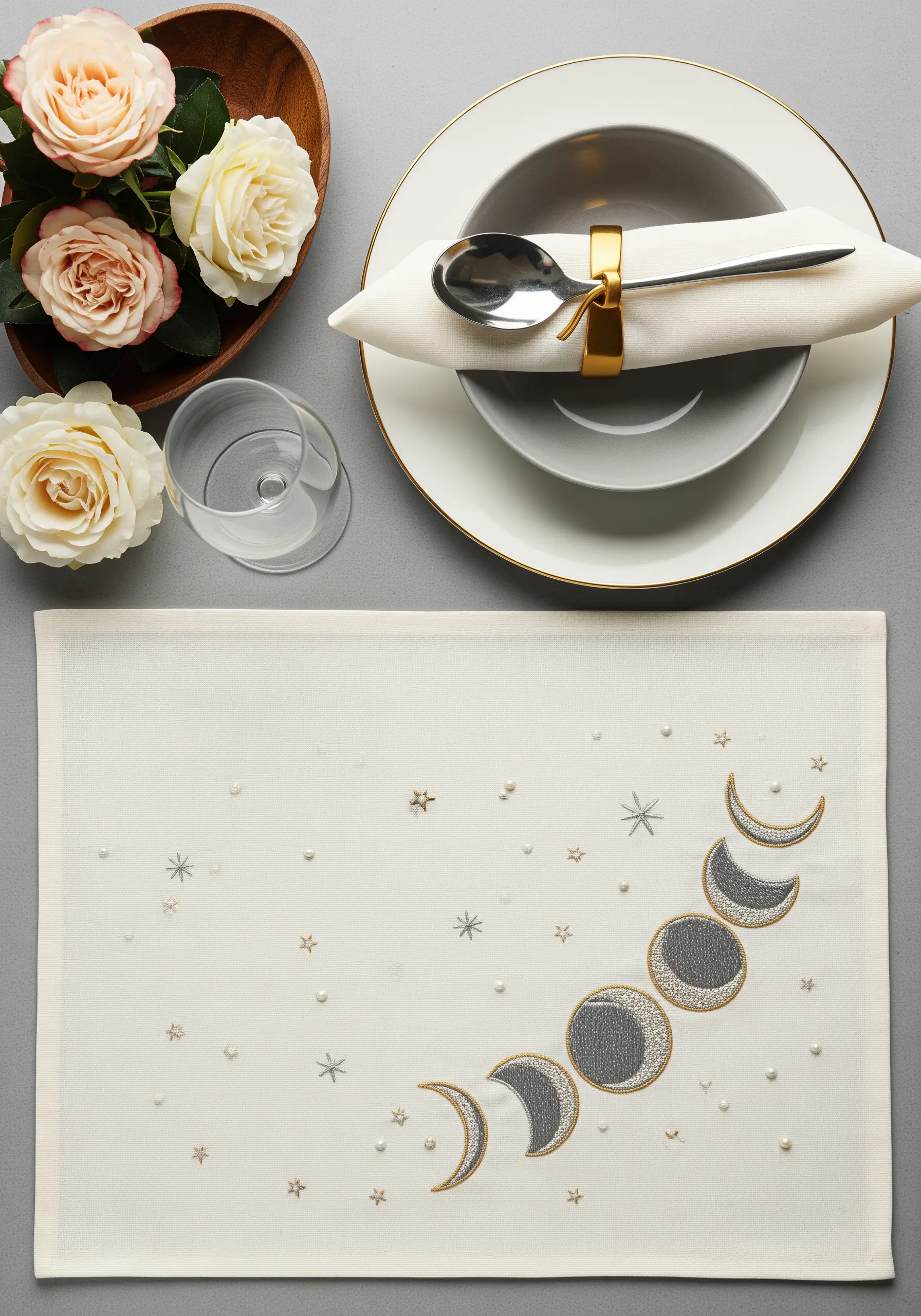 Embroidered moon phases with metallic thread and pearl beads on a white placemat.