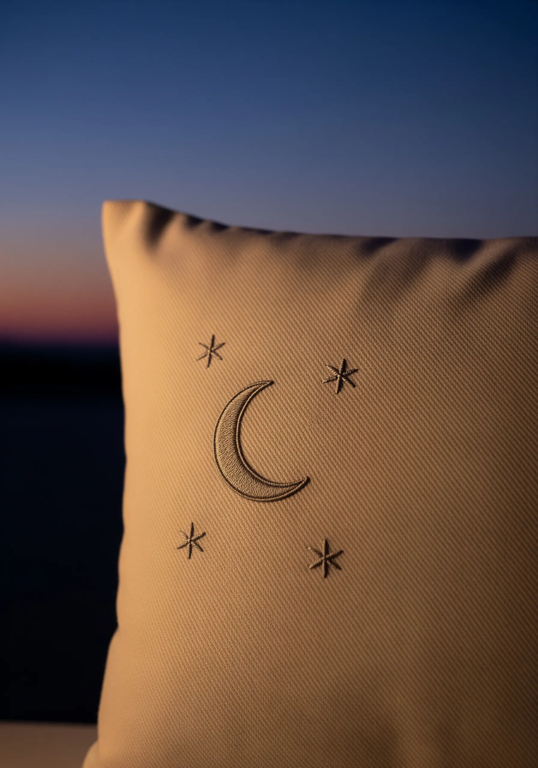 Embroidered crescent moon in satin stitch with four small stars on a cream pillow.