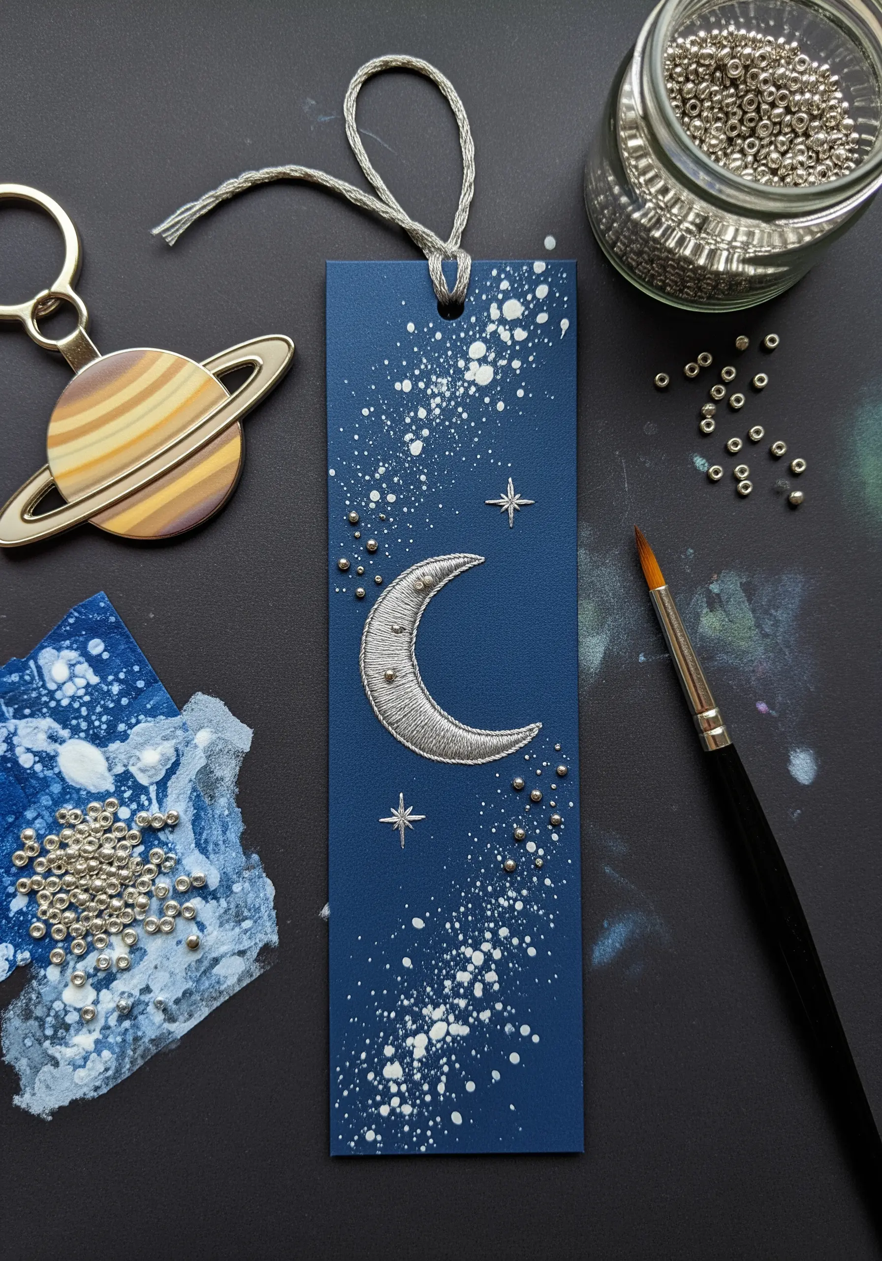 Silver metallic thread embroidery of a moon with seed beads on a dark blue bookmark.