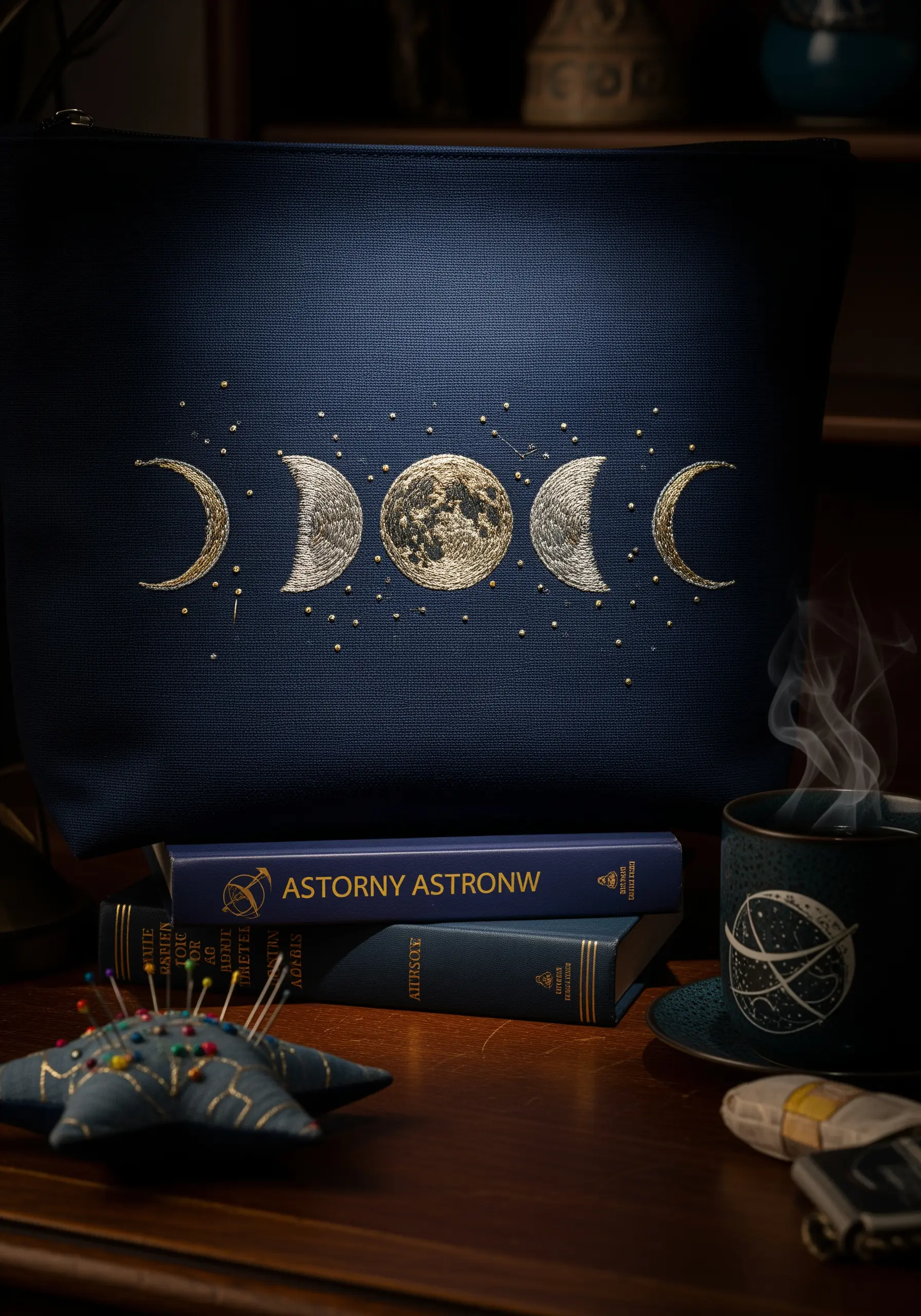 Embroidered moon phases on a dark blue pouch with metallic and white thread.