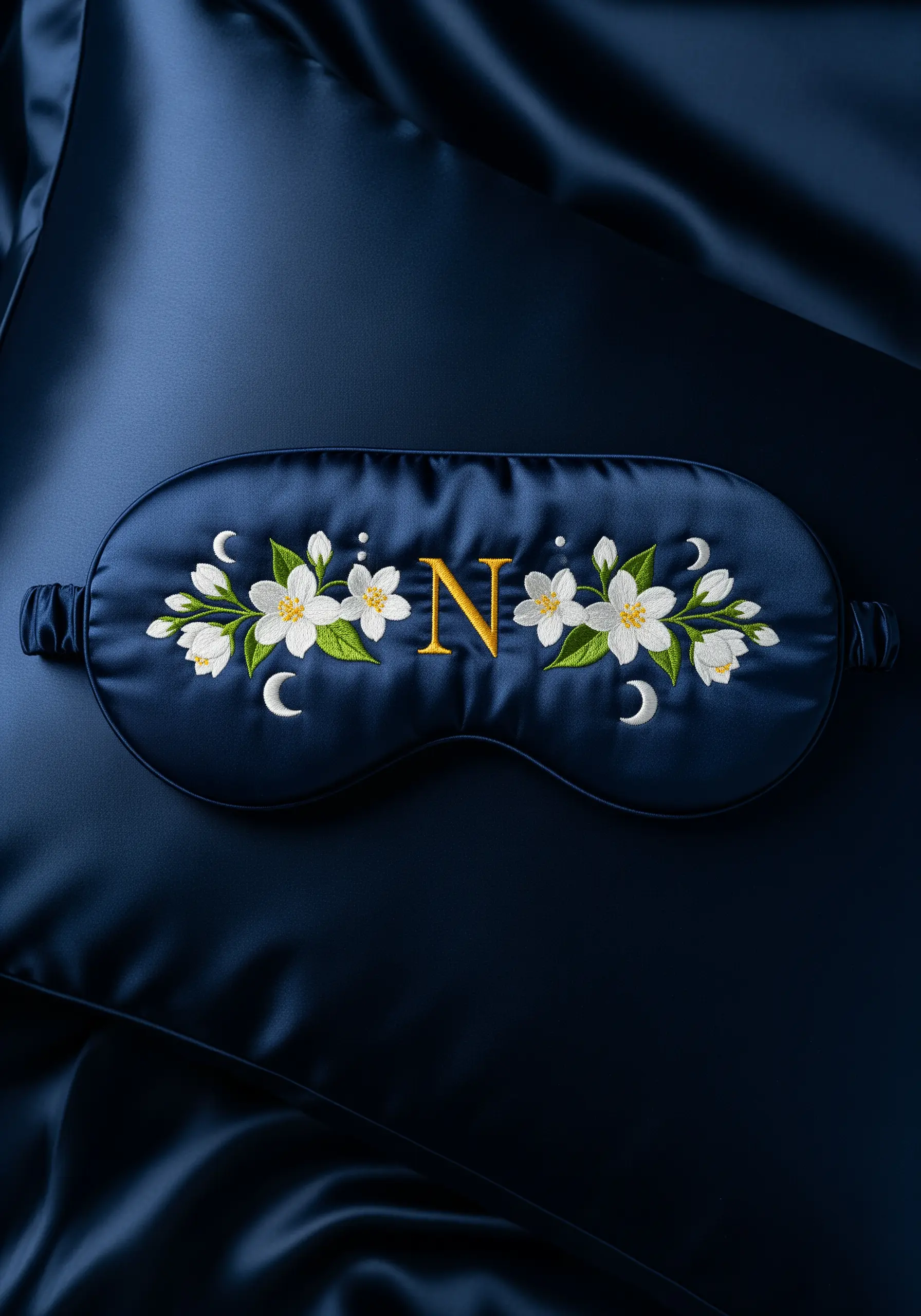 Navy blue silk sleep mask with gold letter N and white celestial flowers