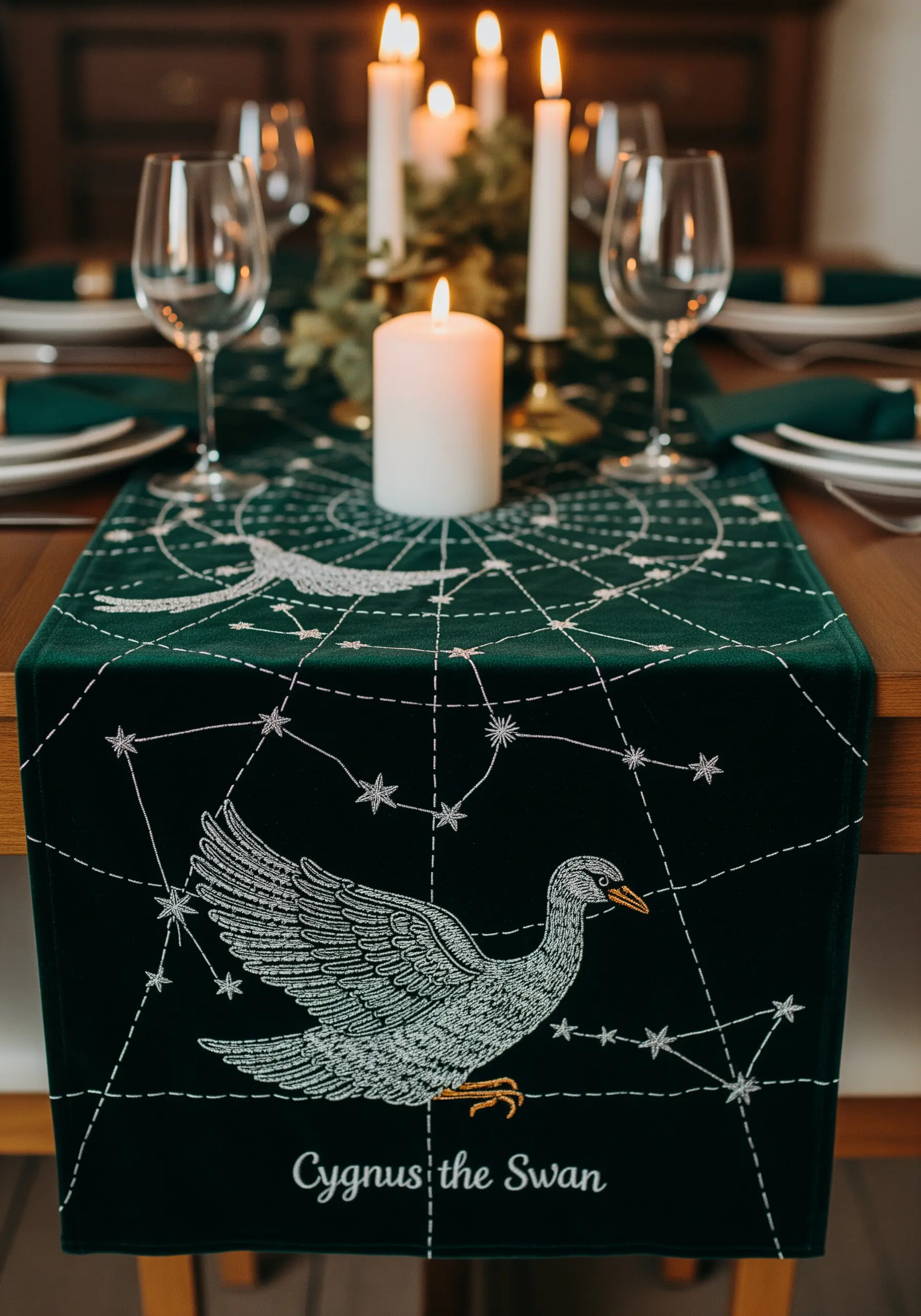 The Cygnus swan constellation embroidered in silver thread on a dark green velvet table runner.