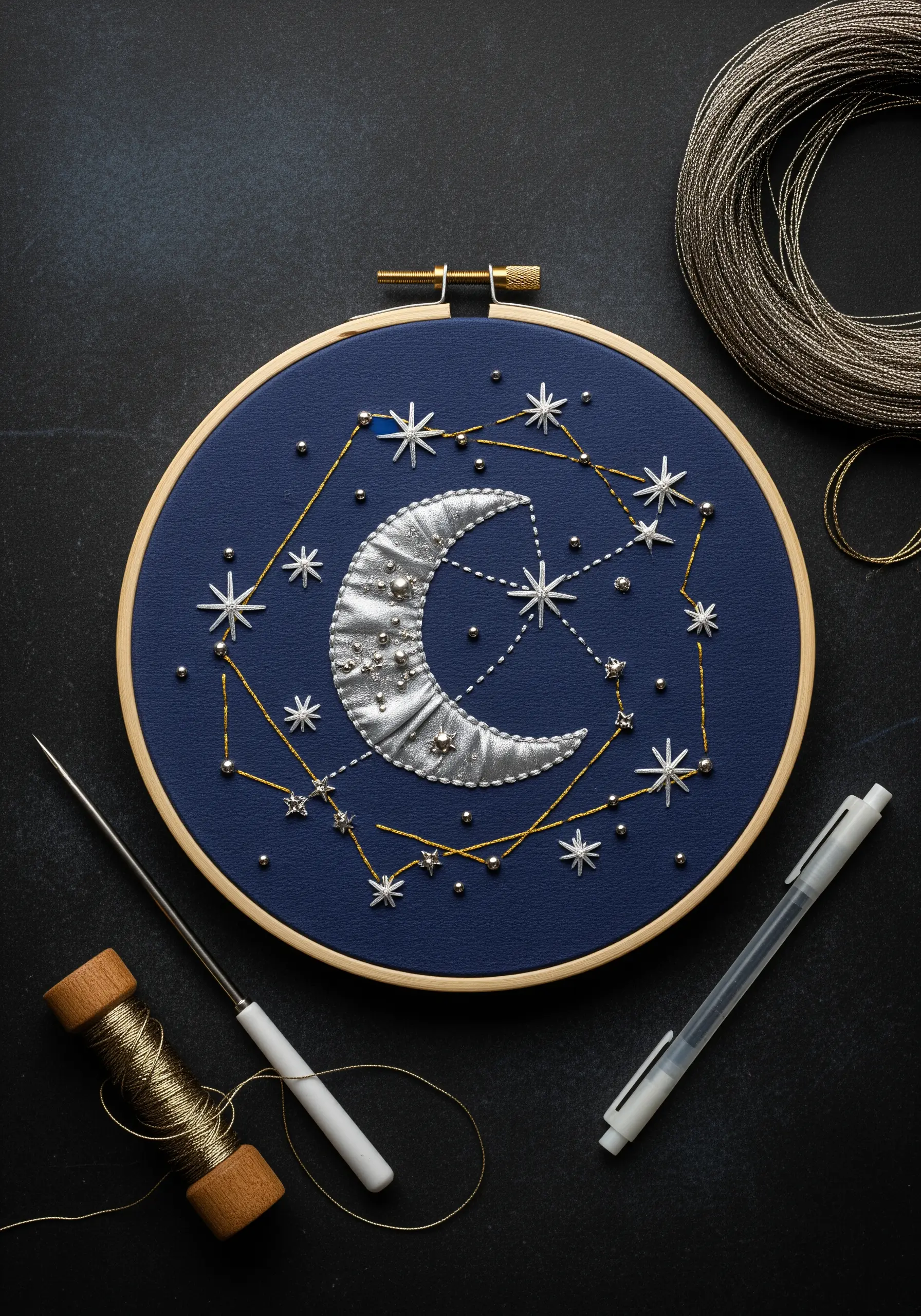 Embroidered moon and constellation with metallic threads, appliqué, and beads.