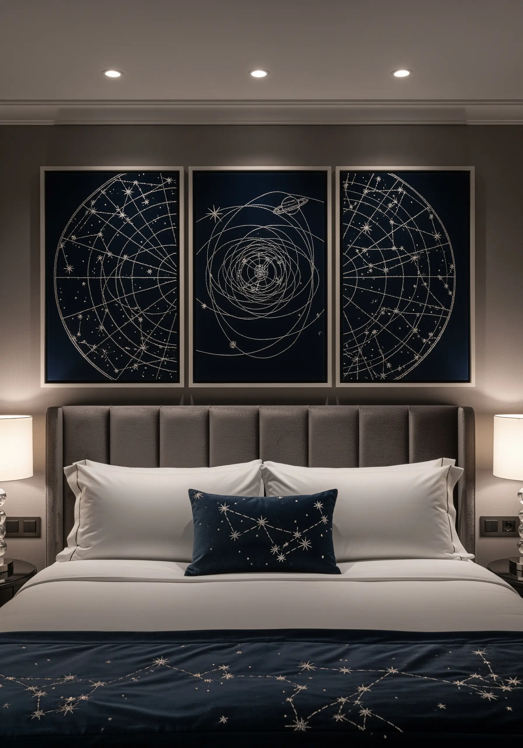 Three framed panels showing constellations embroidered in silver thread on navy blue fabric.