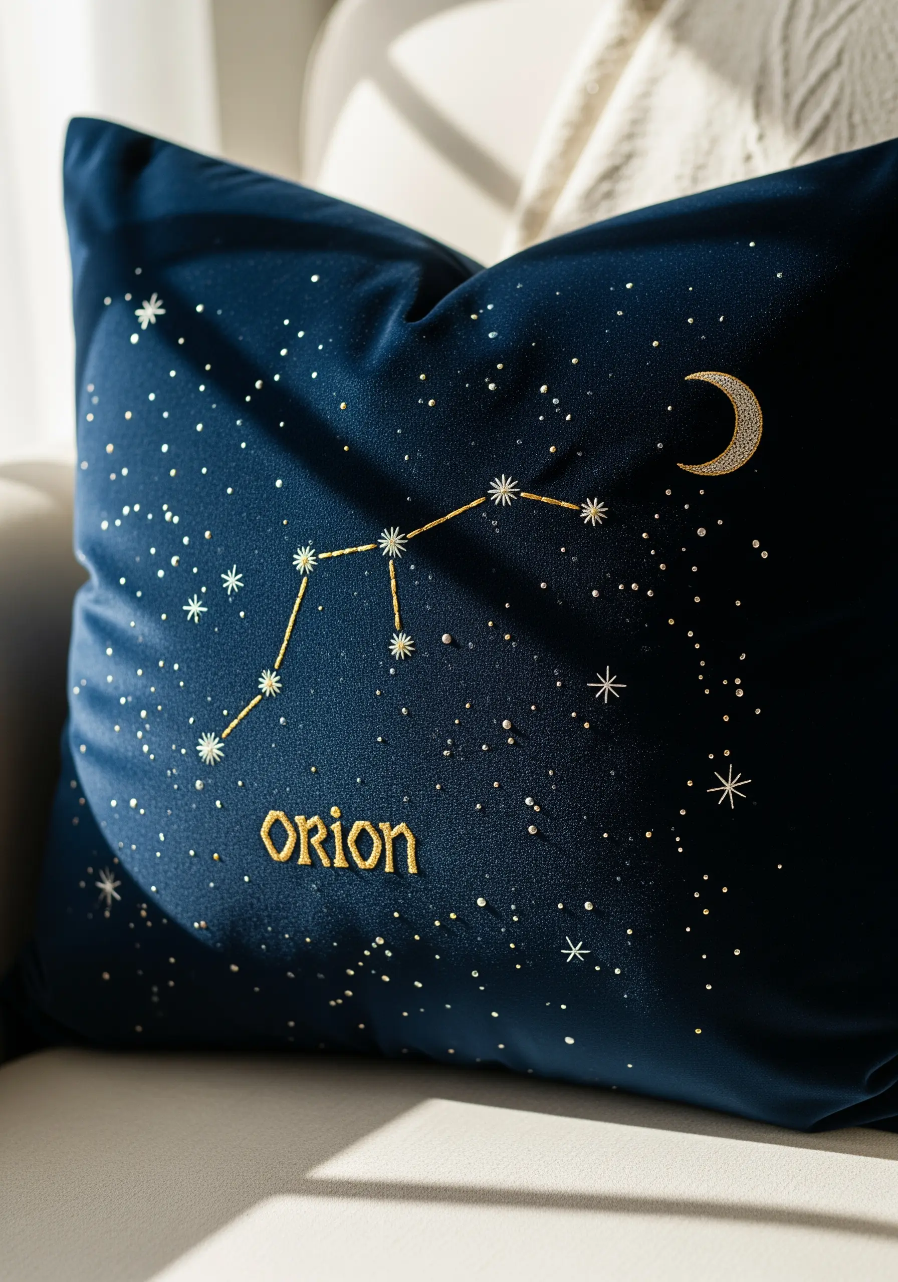 Gold thread embroidery of the Orion constellation on a plush navy blue velvet cushion.