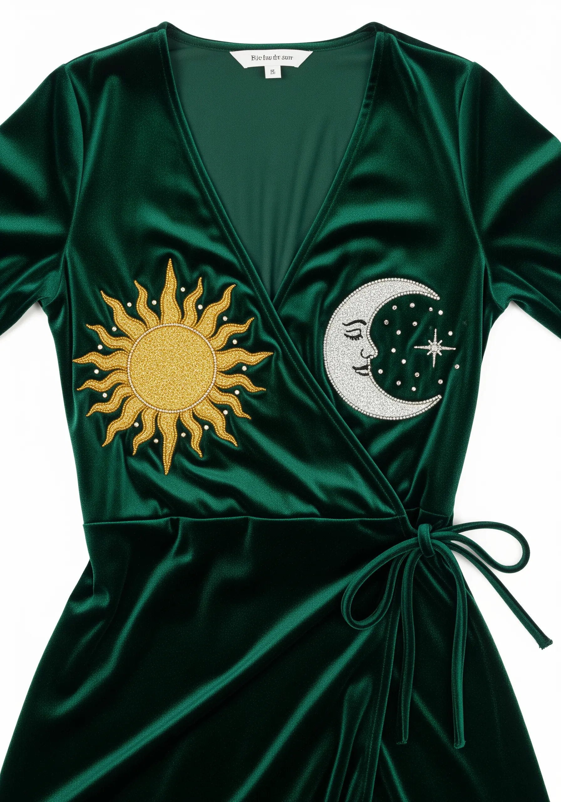 Gold glitter sun and silver glitter moon with beads on a green velvet wrap dress.