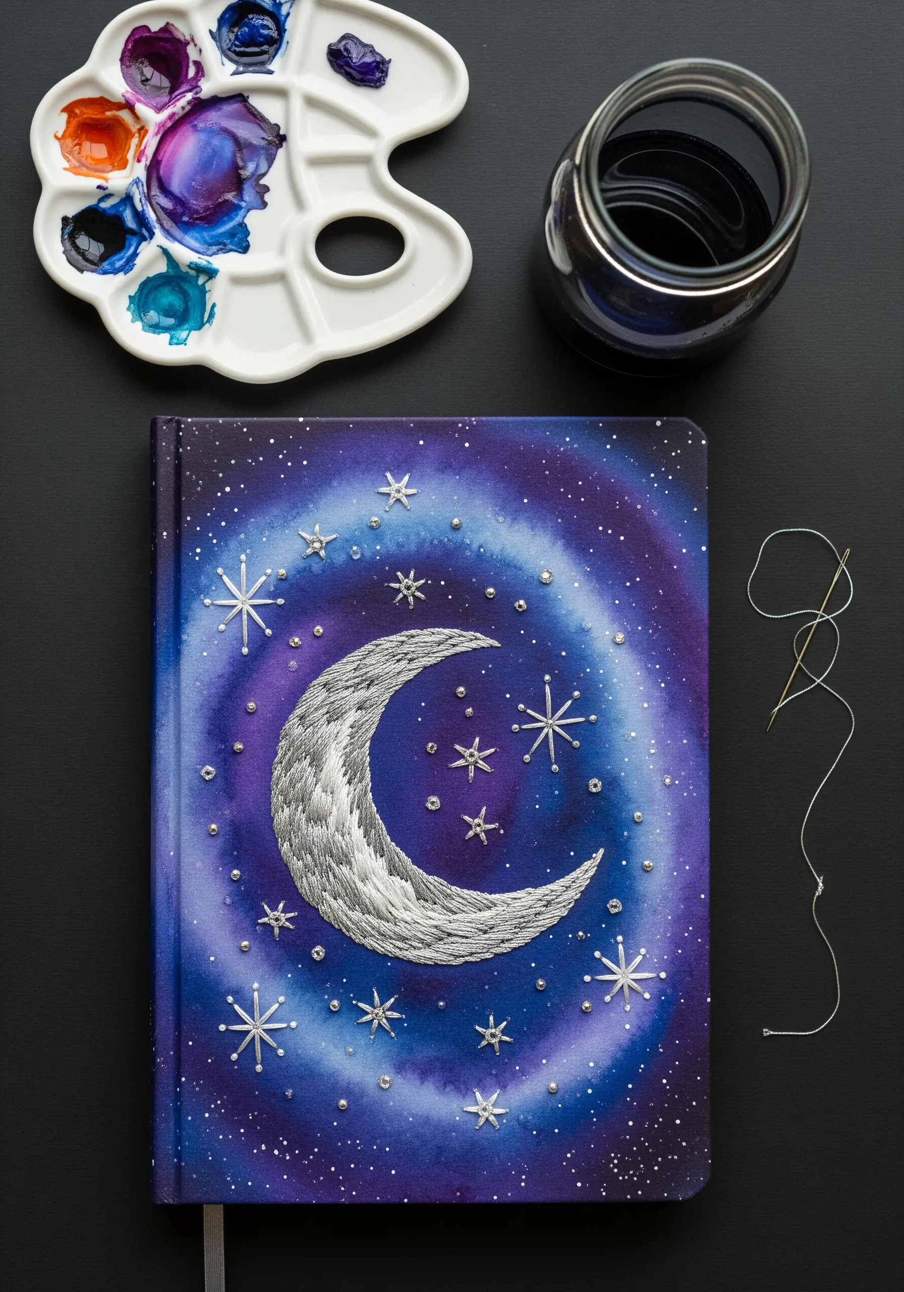 Embroidered silver crescent moon and stars on a purple and blue watercolor galaxy background.
