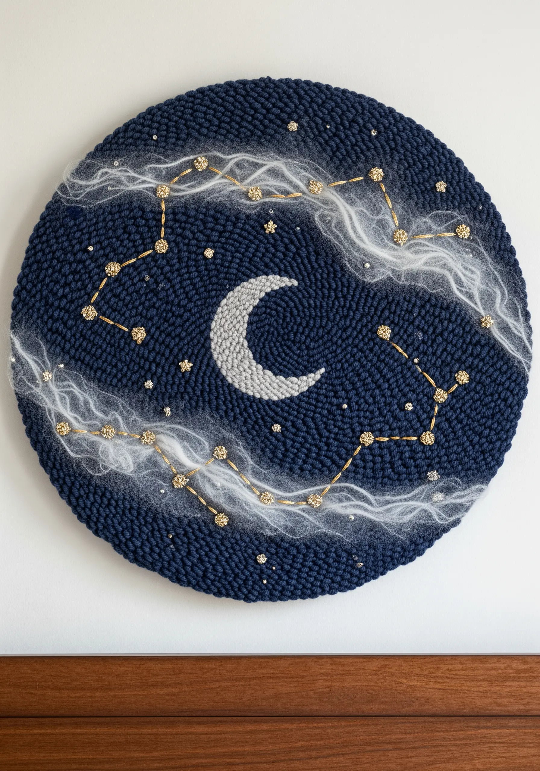 Circular woven art of a night sky with a crescent moon, constellations, and wispy clouds.