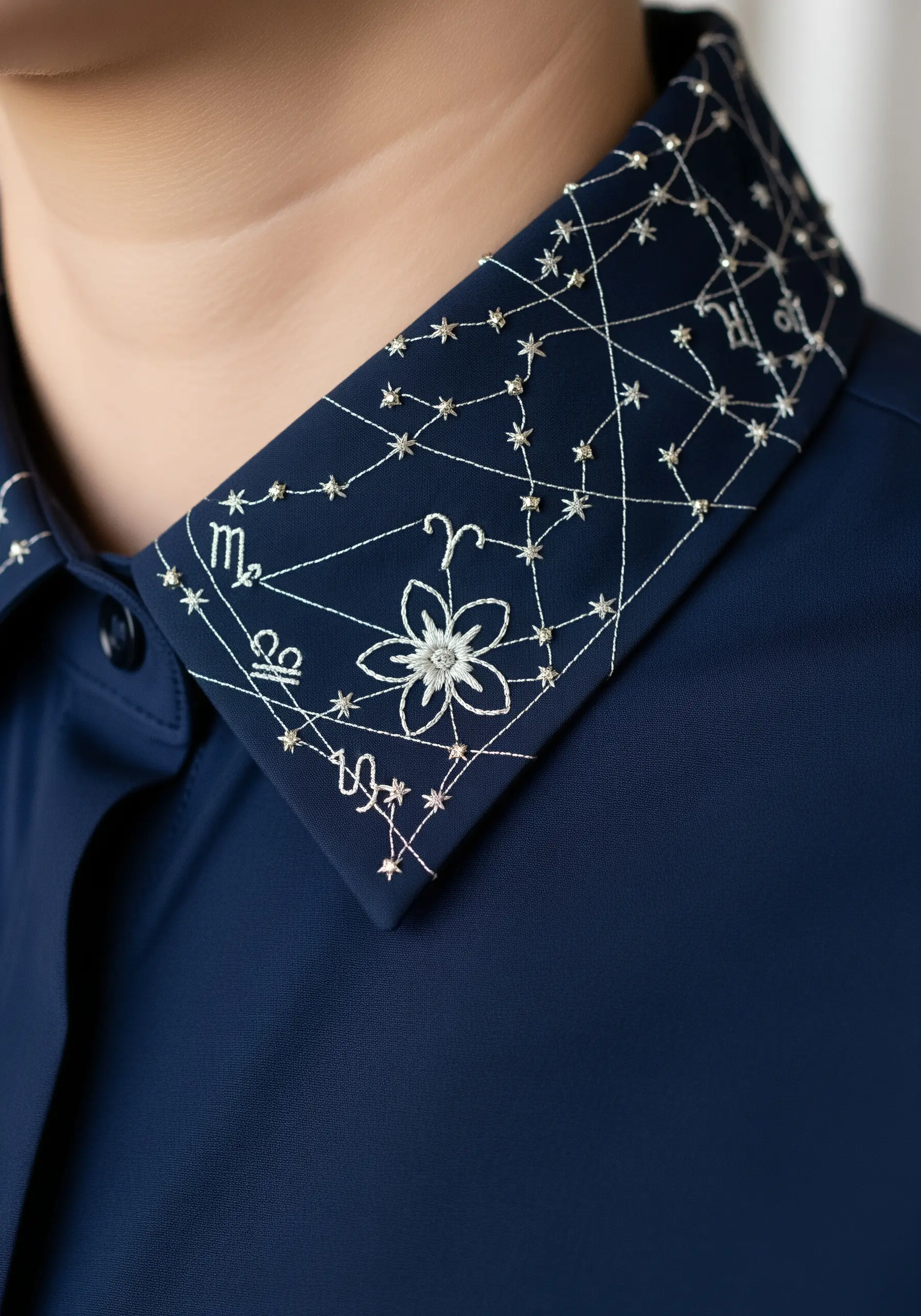 Zodiac constellations embroidered in silver metallic thread and beads on a navy collar.