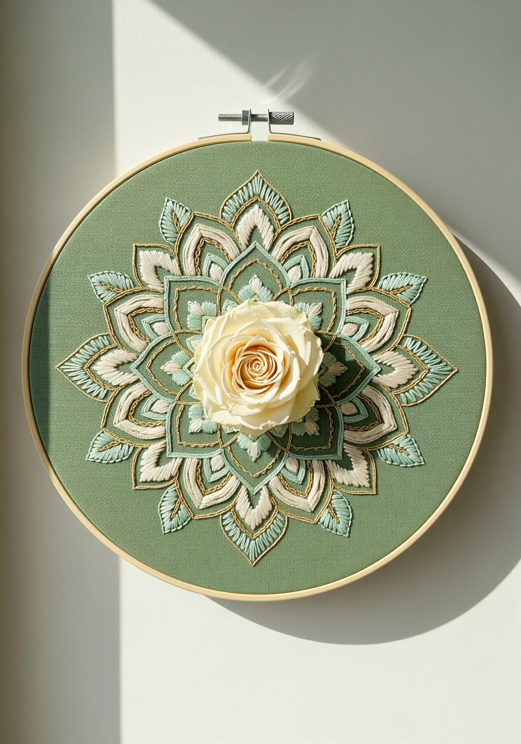 A preserved white rose centered in an intricate, layered mandala embroidered in cream, teal, and gold.